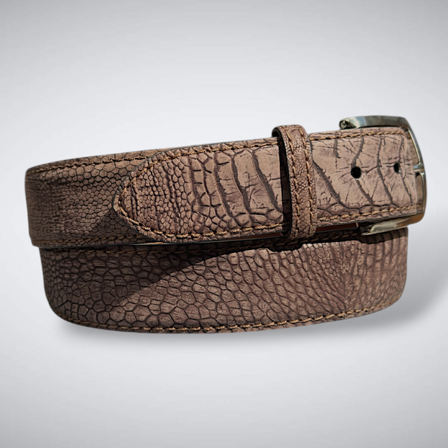 Brown Eyed Girl Ostrich Shin Belt (Brown Suede, Khaki Stitch)