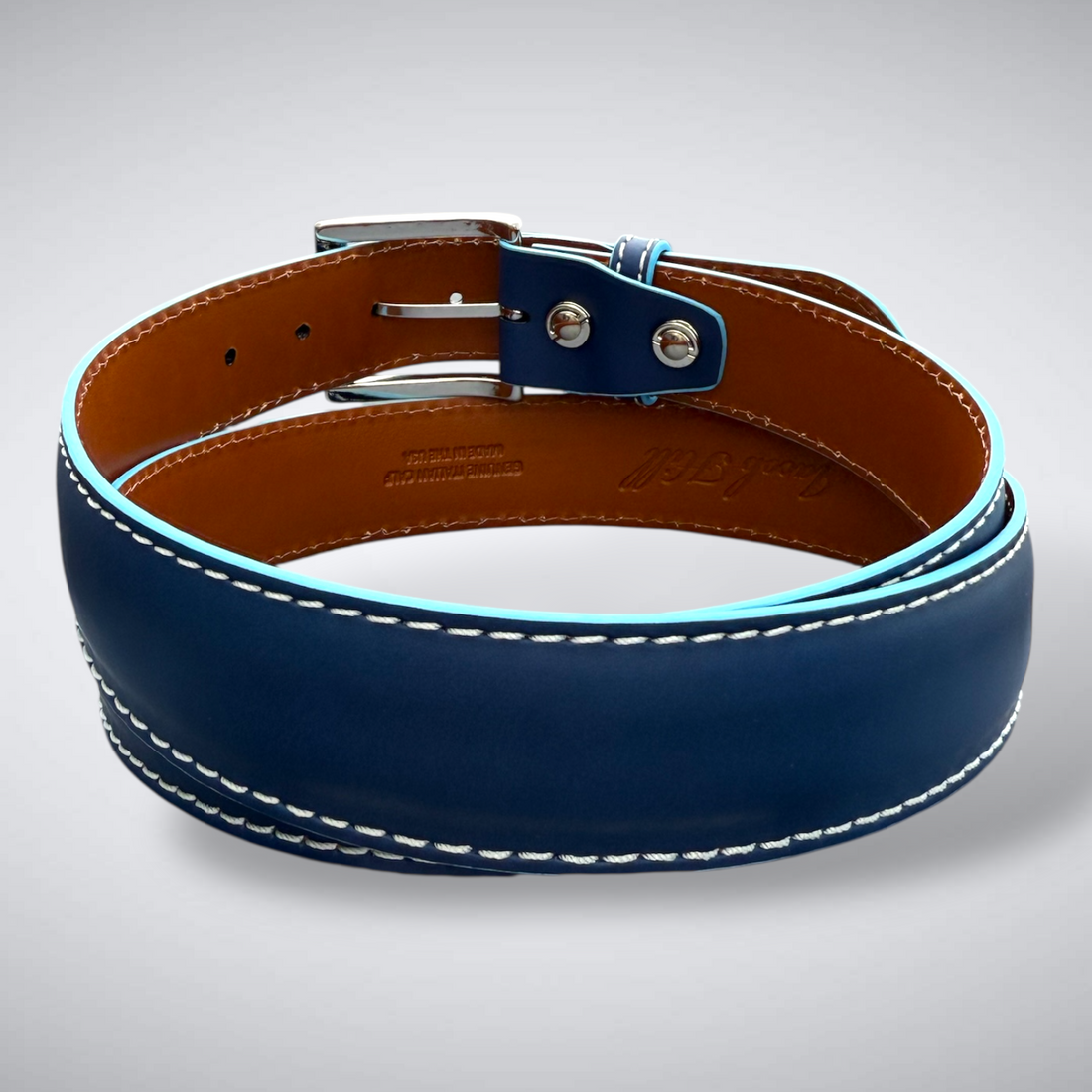 Italian Calf Belt – Blu Cielo (Navy / Sky Blue Edge / White Stitch)