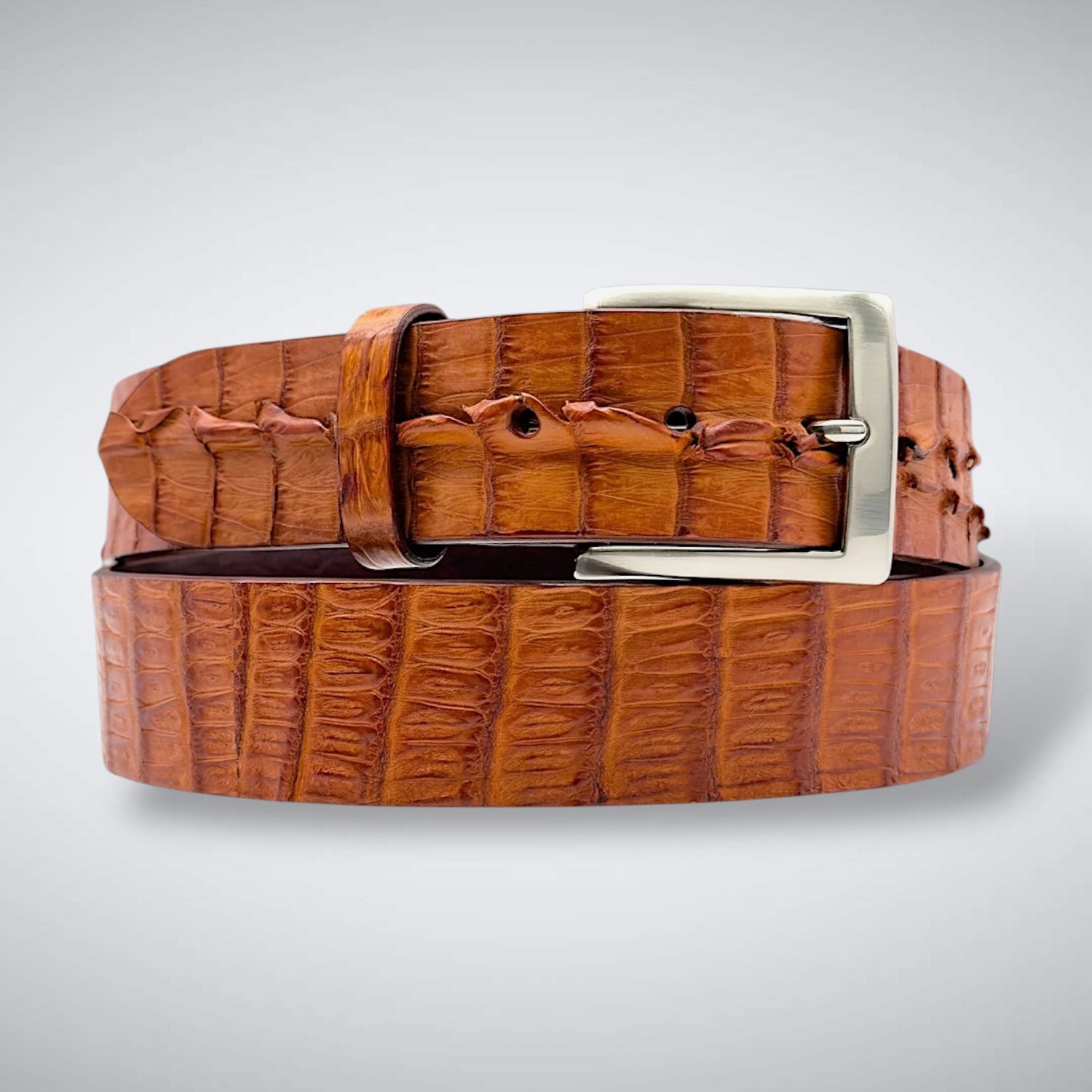 Matte Caiman Hornback with Horn Tips Belt: Cognac