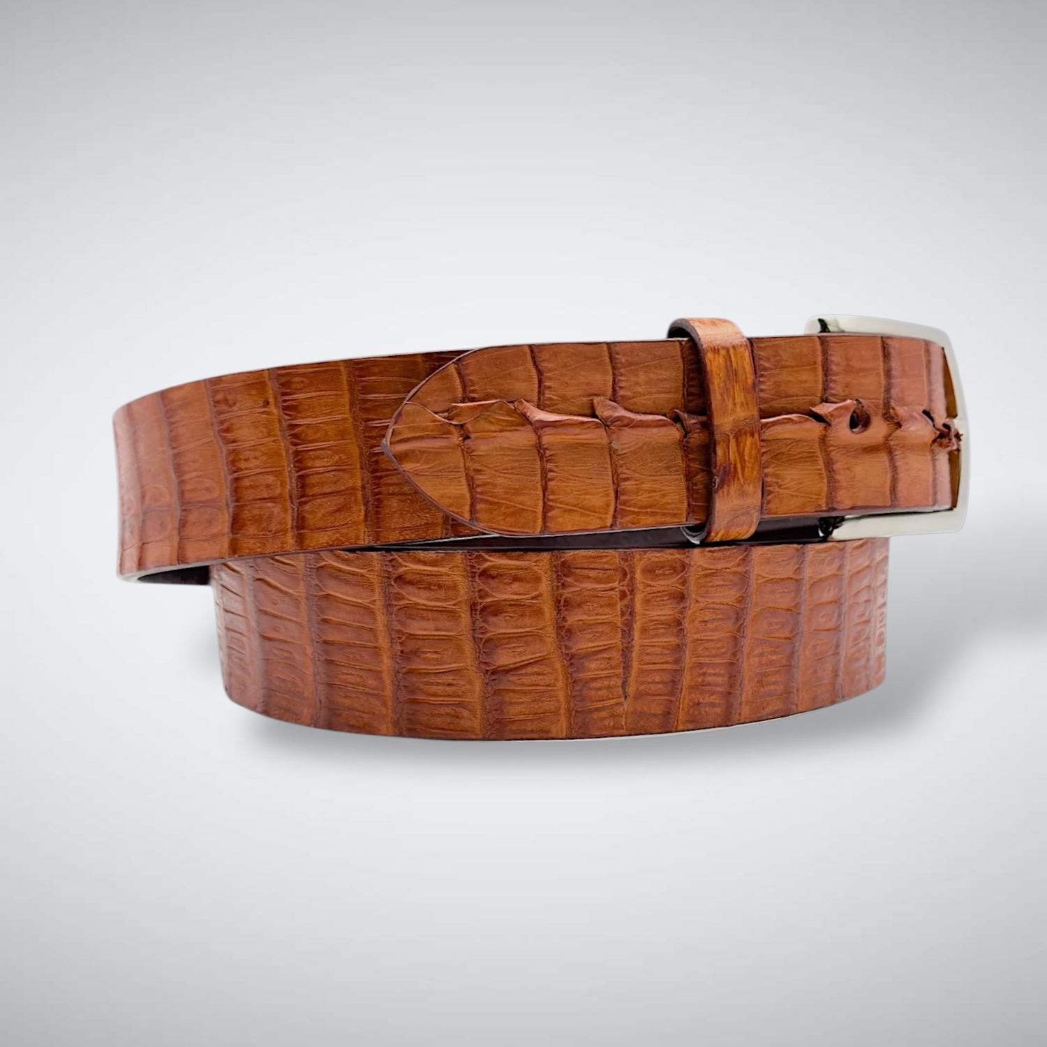 Matte Caiman Hornback with Horn Tips Belt: Cognac