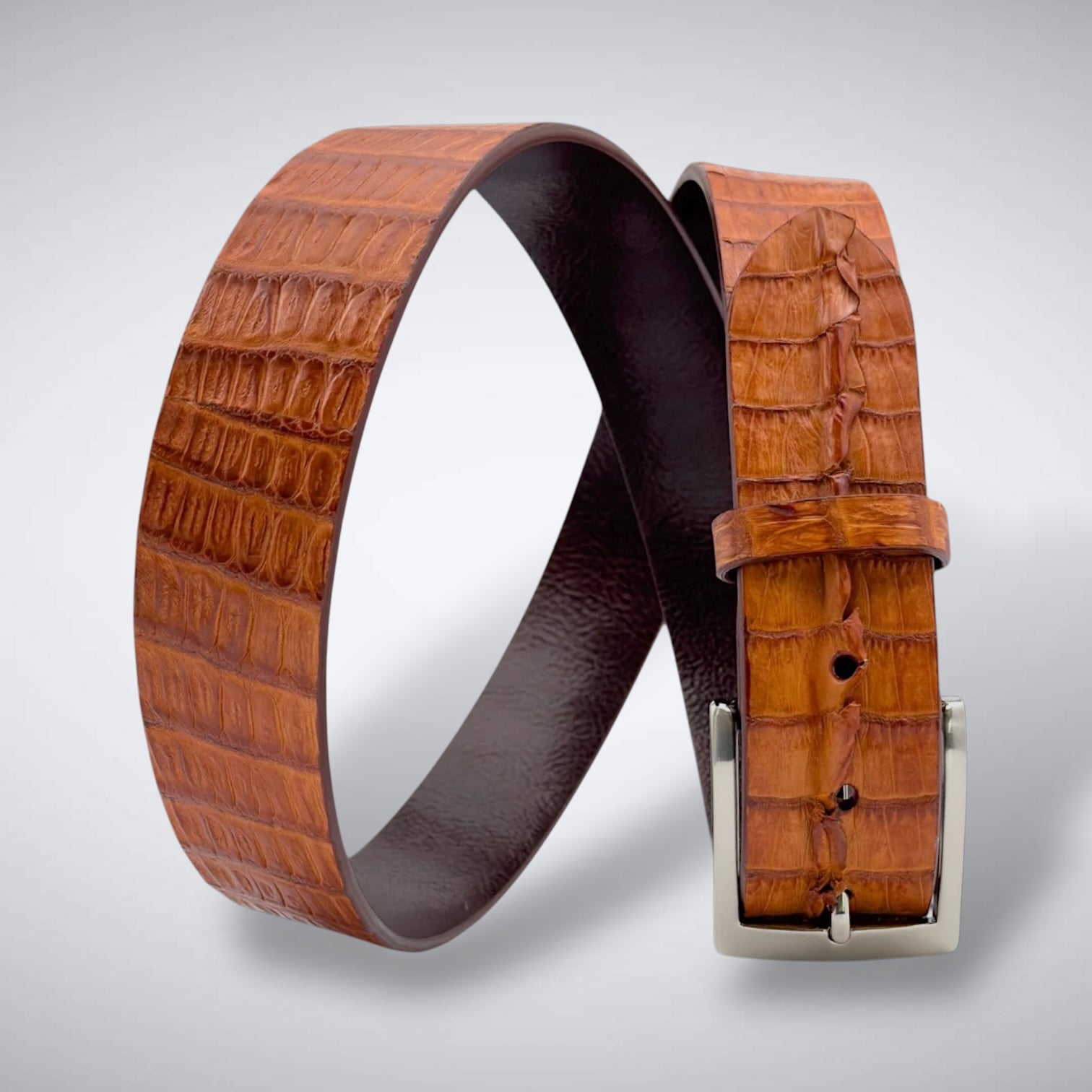 Matte Caiman Hornback with Horn Tips Belt: Cognac