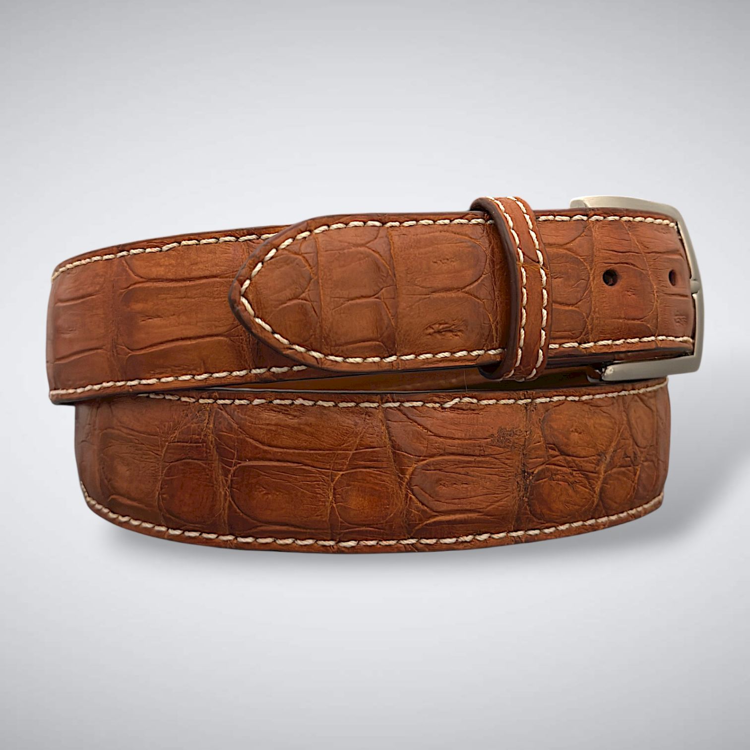 Matte Caiman Tail Belt – Brera (Cognac / Khaki Stitch)