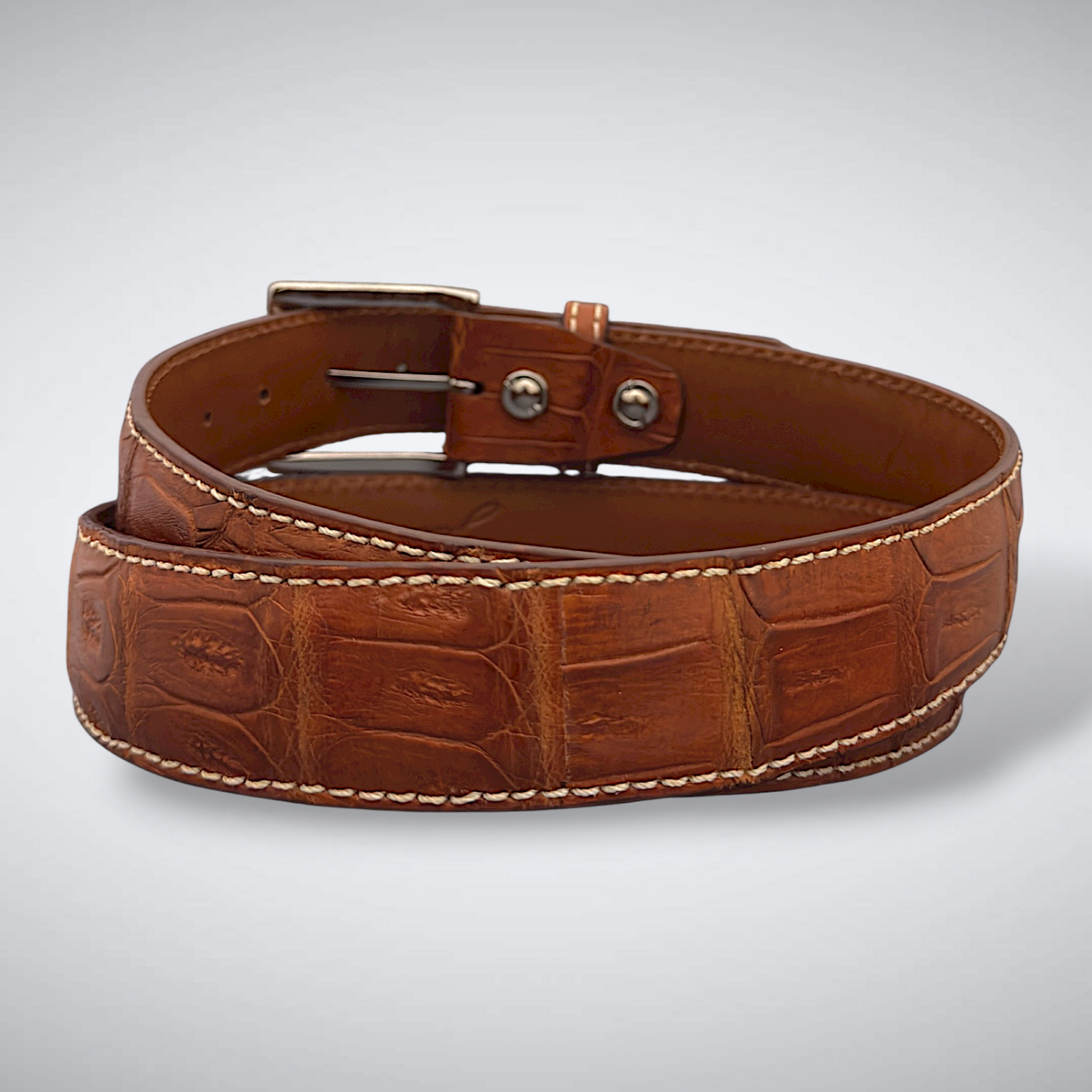 Matte Caiman Tail Belt – Brera (Cognac / Khaki Stitch)