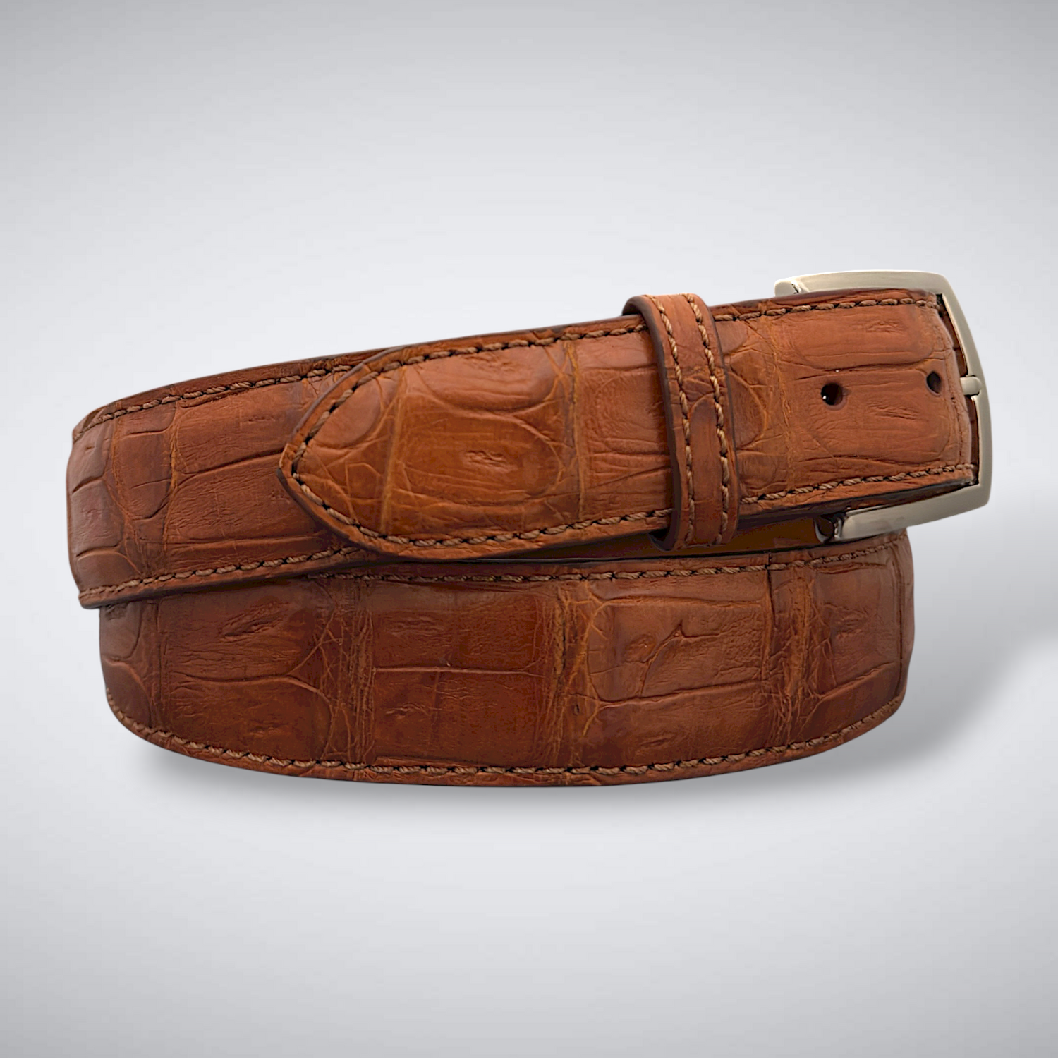 Matte Caiman Tail Belt – Firenze (Cognac / Tonal Stitch)