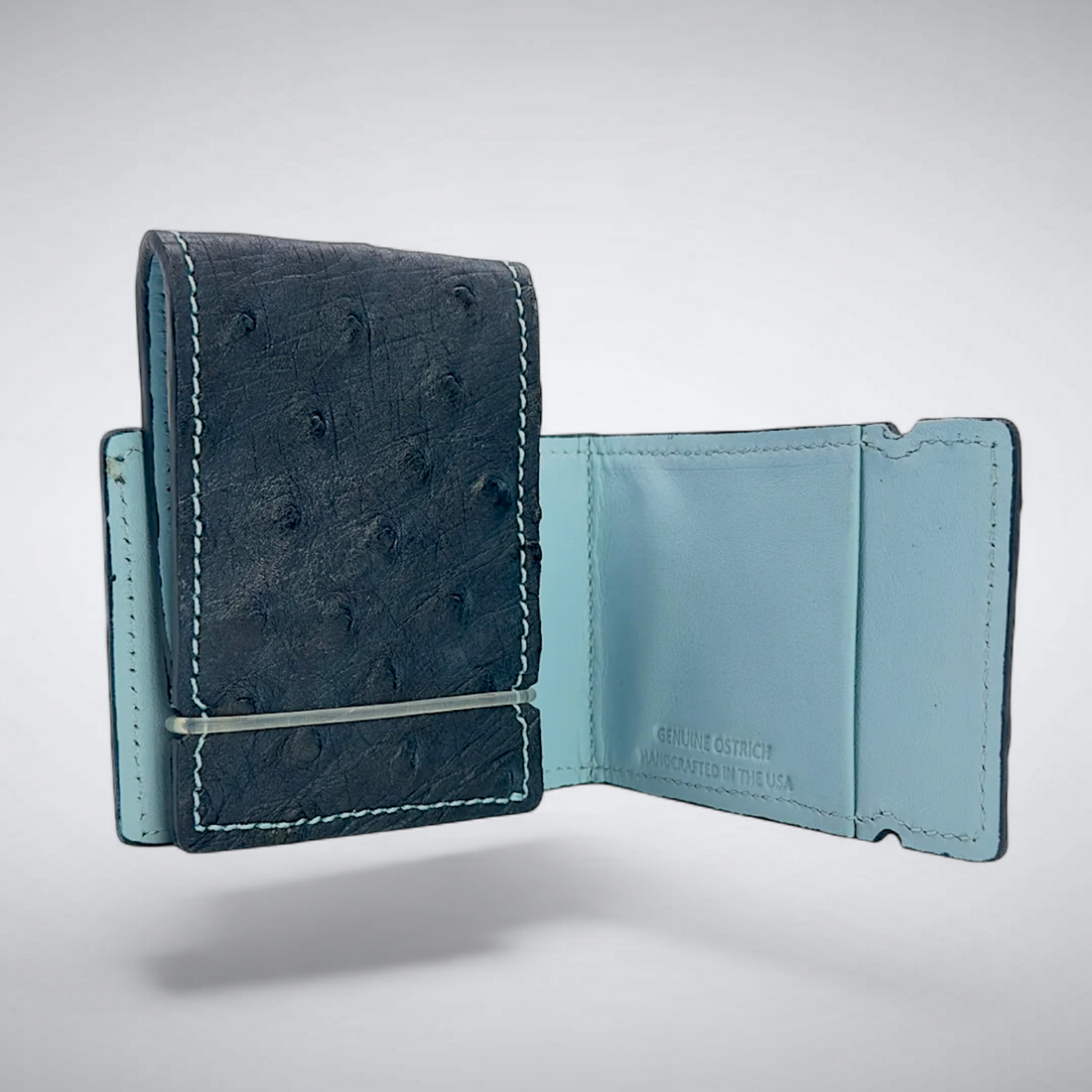 The Daly Cash Cover — Navy Ostrich Quill with Sky Blue Stitch