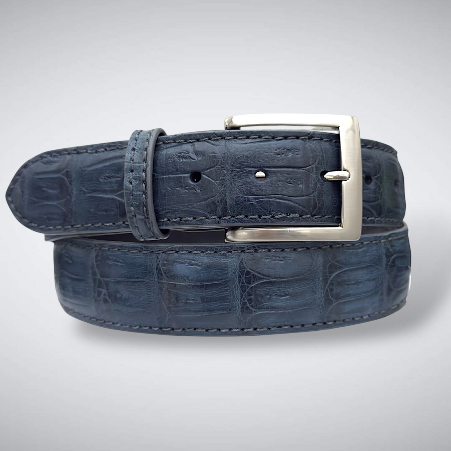 Matte Caiman Tail Belt – Dreamshadow (Navy / Grey Stitch And Edge)