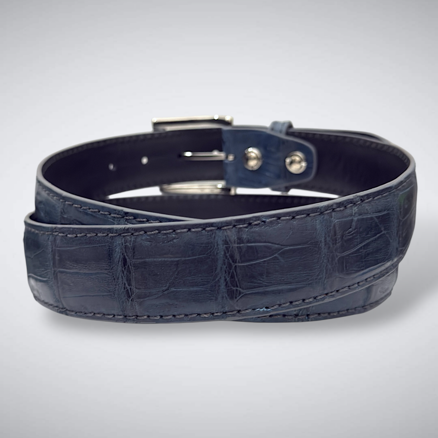Matte Caiman Tail Belt – Dreamshadow (Navy / Grey Stitch And Edge)
