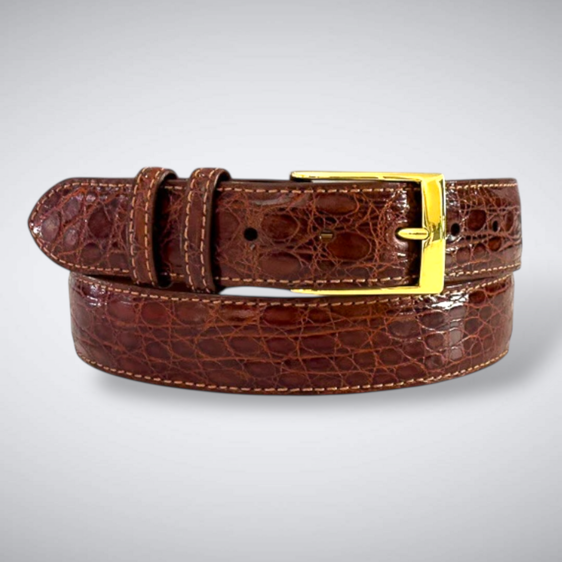 Glazed Argentine Caiman Flank Belt: Dark Cognac