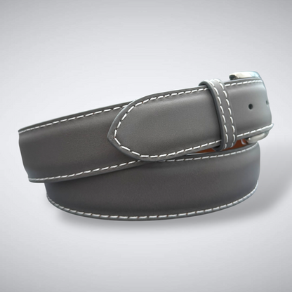 Ready To Ship Italian Calf Belt: Ironwood Vale (Grey With White Stitch 1.5 Width)
