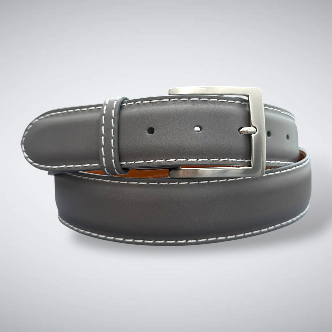 Ready To Ship Italian Calf Belt: Ironwood Vale (Grey With White Stitch 1.5 Width)