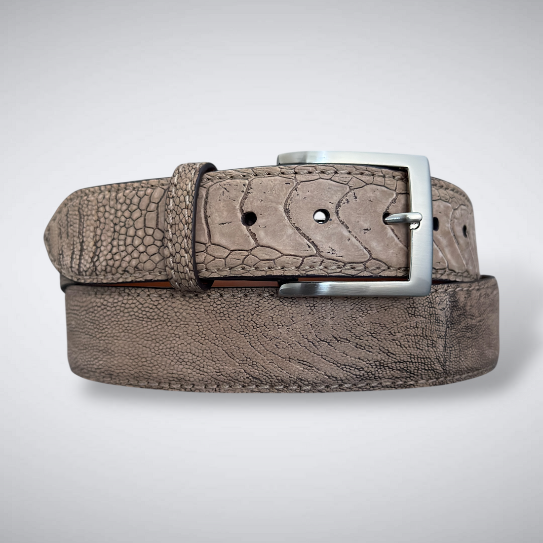 Here Comes the Sun Ostrich Shin Belt (Tan Suede, Tonal Stitch)