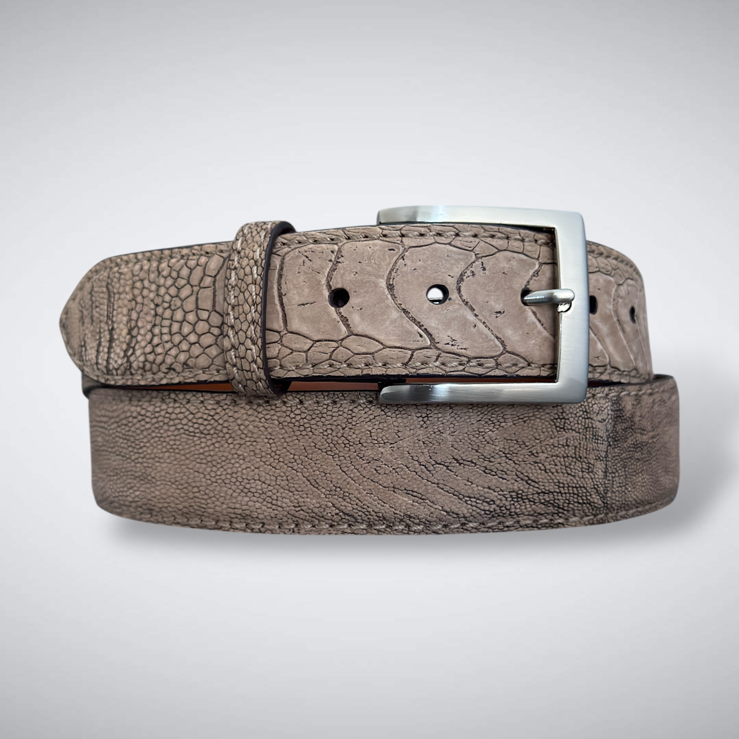 Here Comes the Sun Ostrich Shin Belt (Tan Suede, Tonal Stitch)