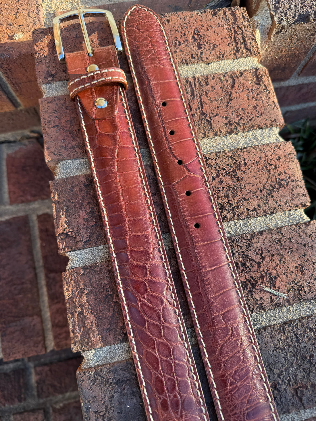 Matte Alligator Field Grade Belt - Dark Cognac w/ khaki stitch (RTS) 1.5" wide