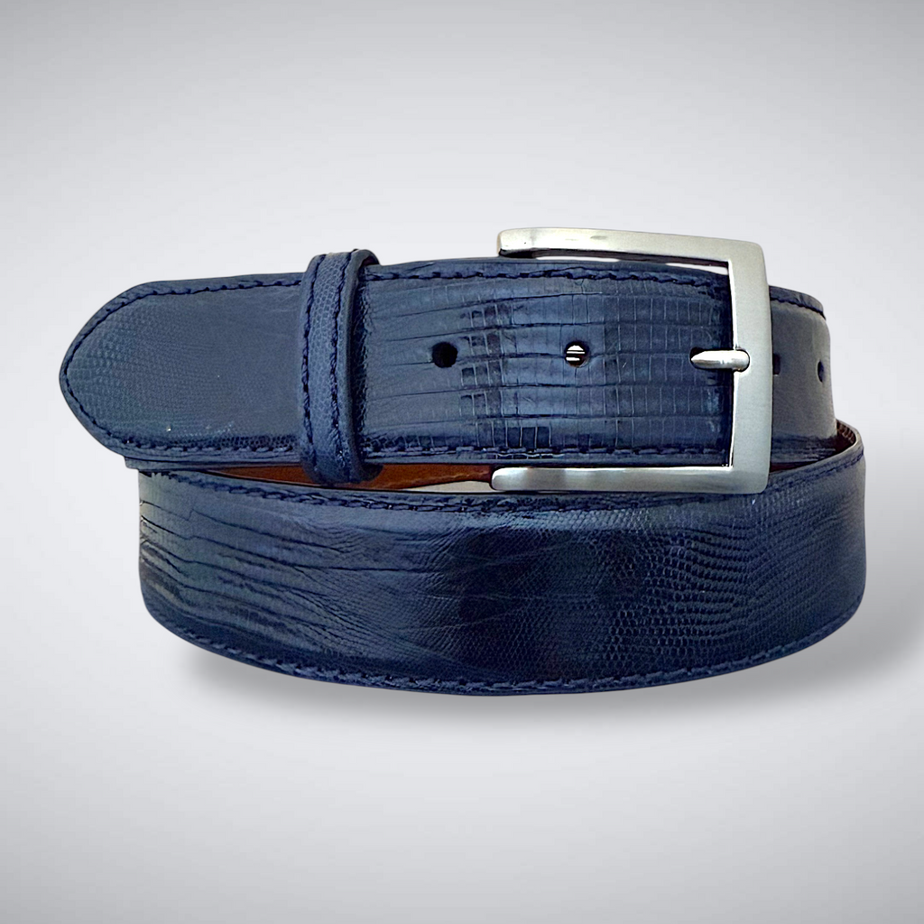 navy lizard belt with silver buckle