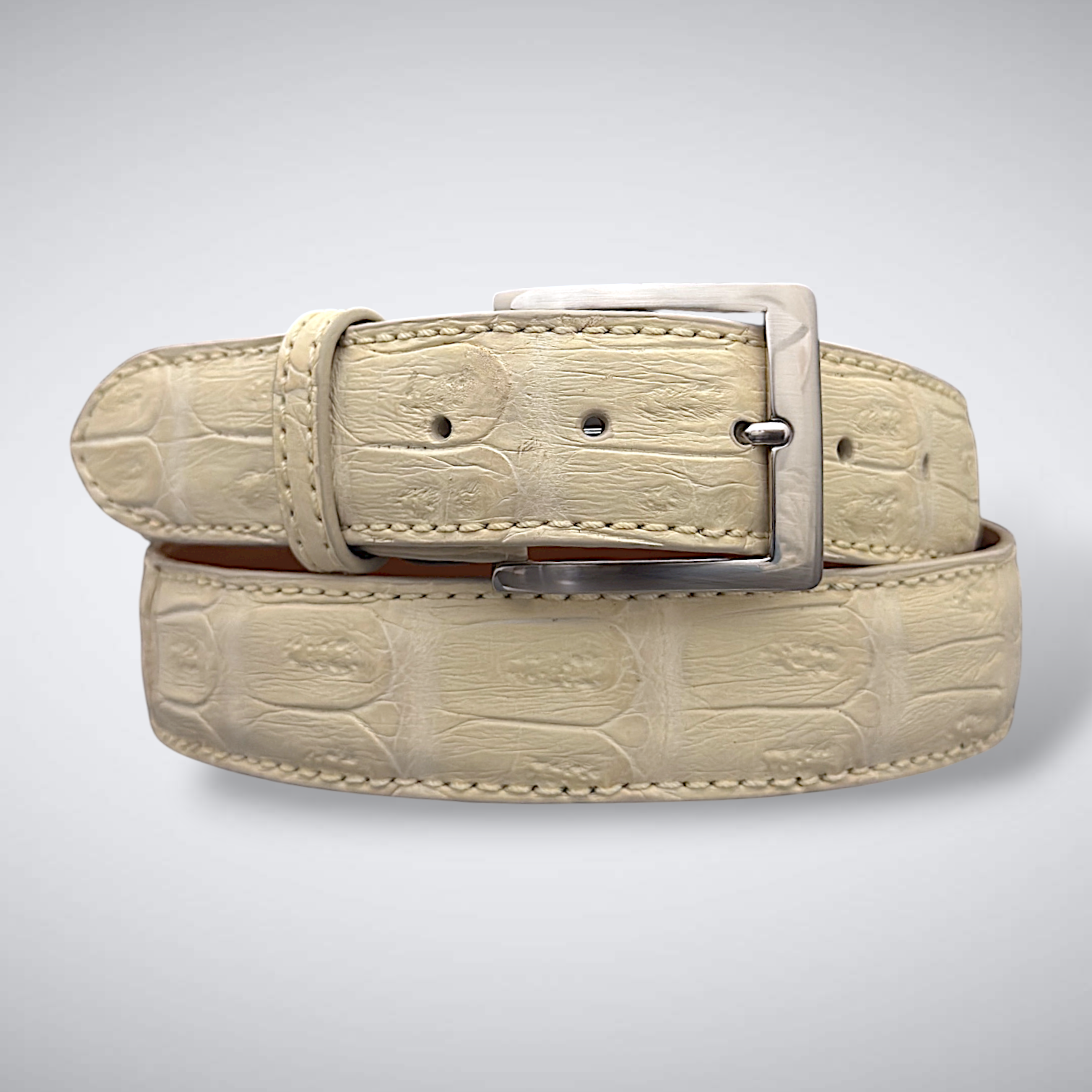 Matte Caiman Tail Belt – Capucine (Ivory / Tonal Stitch)