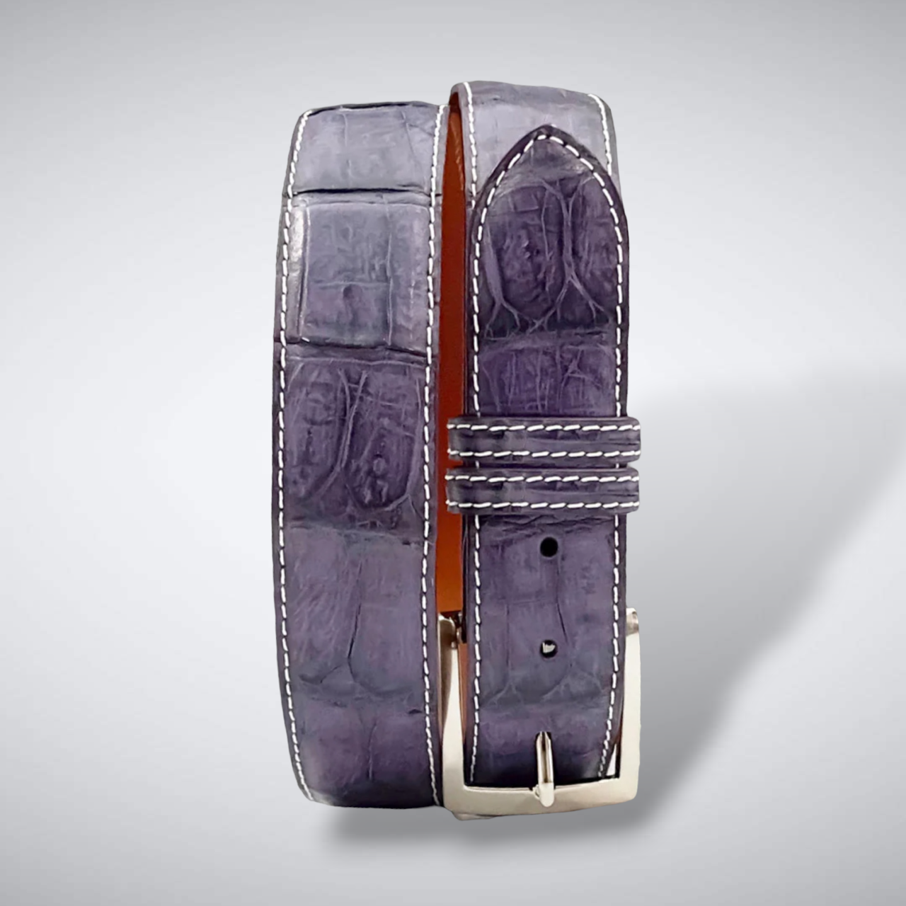 Matte Caiman Tail Belt – Louvre (Purple / White Stitch)