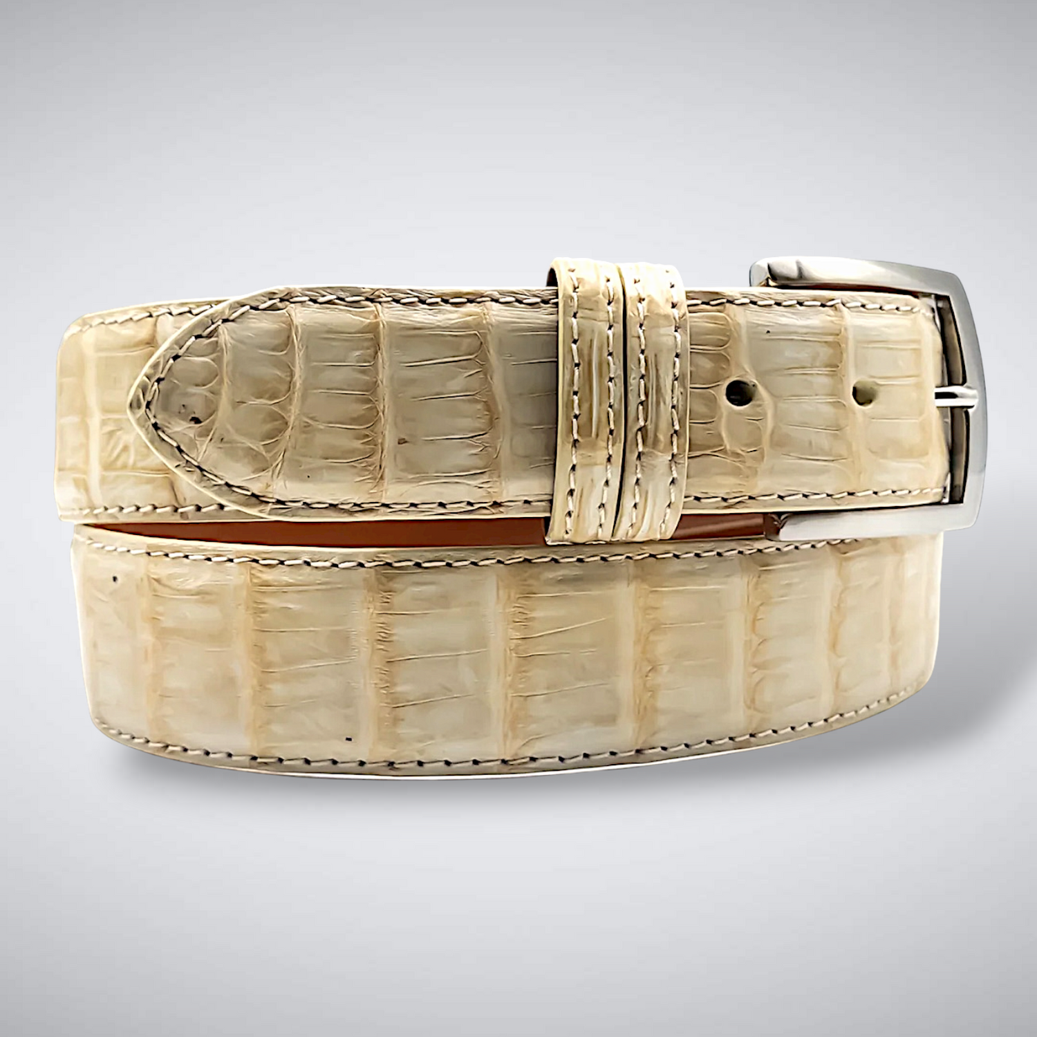 Matte Caiman Tail Belt – Capucine (Ivory / Tonal Stitch)