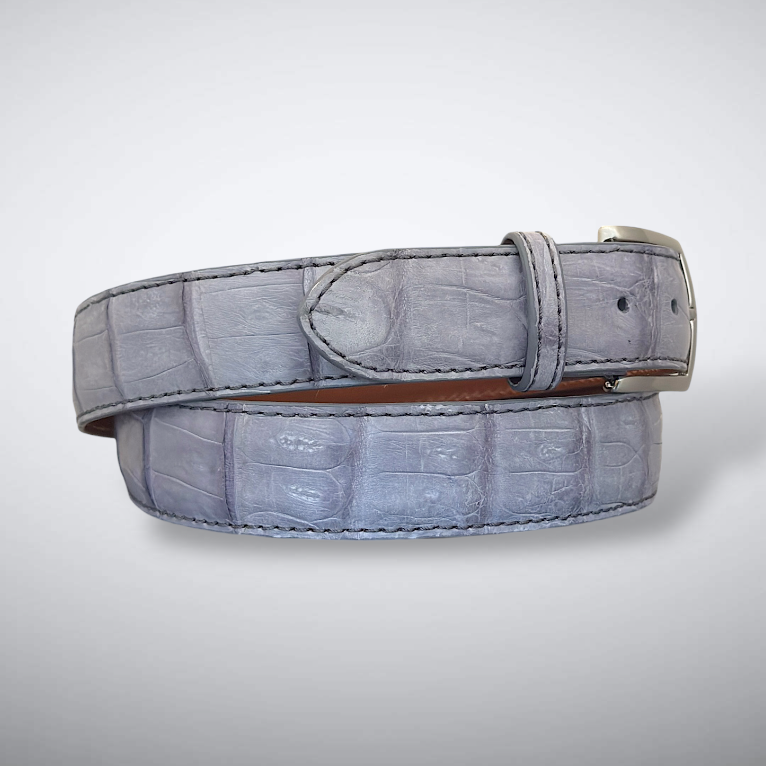 Matte Caiman Tail Belt – Soho (Light Grey / Dark Grey Stitch)