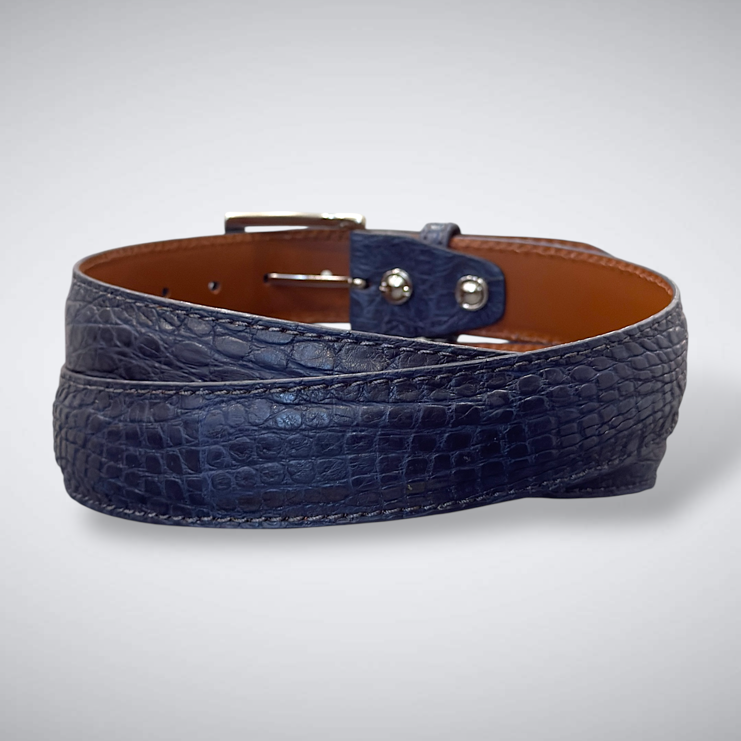 Monaco Crocodile Flank Belt (Navy Tonal Stitch)