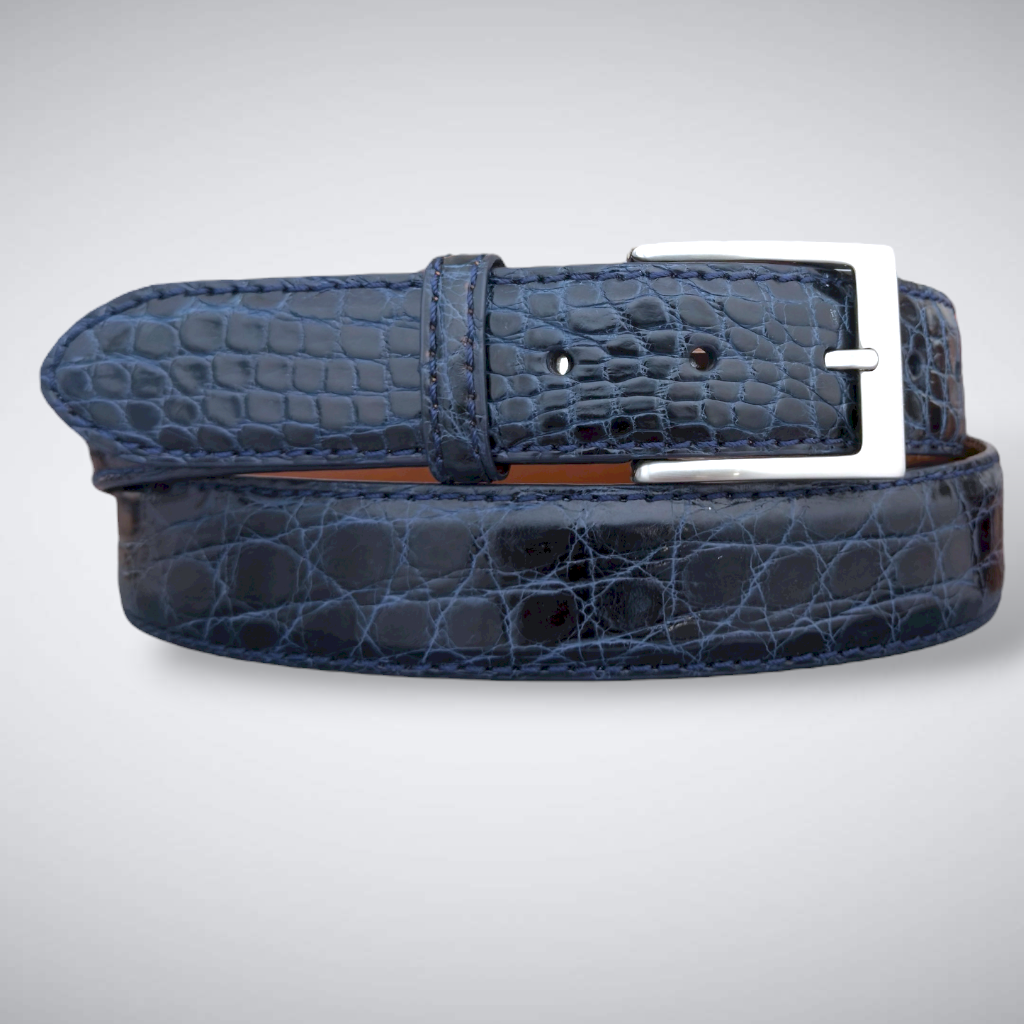 Glazed Argentine Caiman Flank Belt Navy