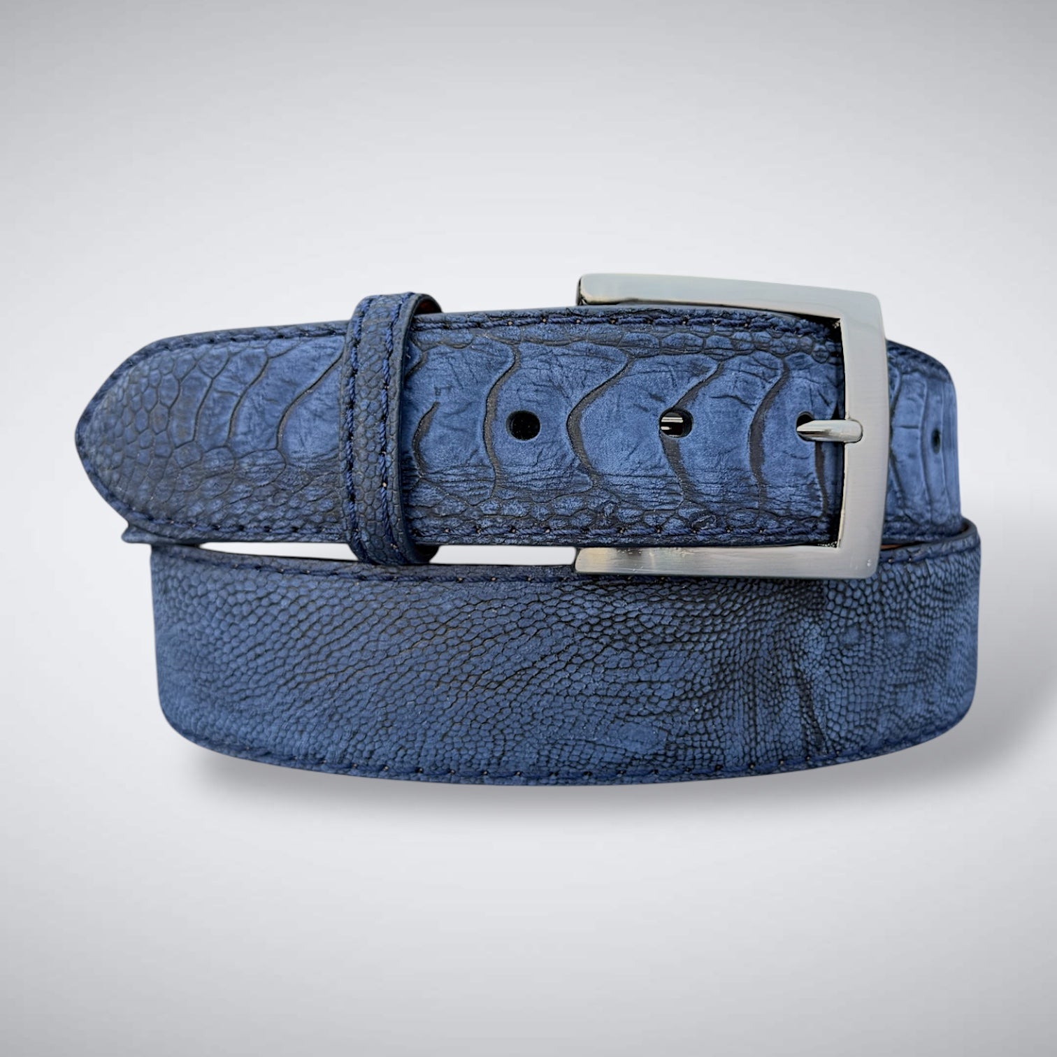 Blue Suede Shoes Ostrich Shin Belt (Navy Suede, Tonal Stitch)