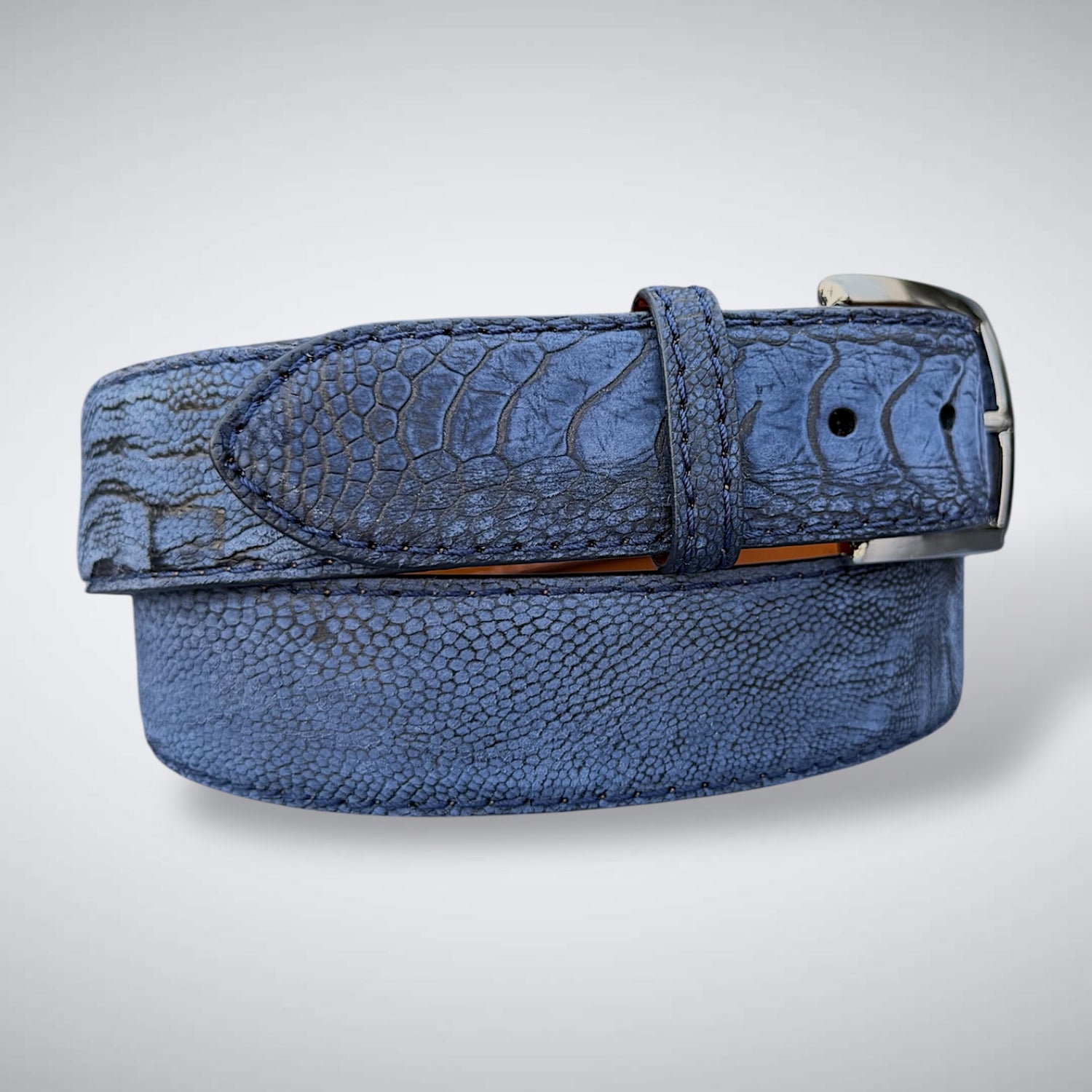 Blue Suede Shoes Ostrich Shin Belt (Navy Suede, Tonal Stitch)