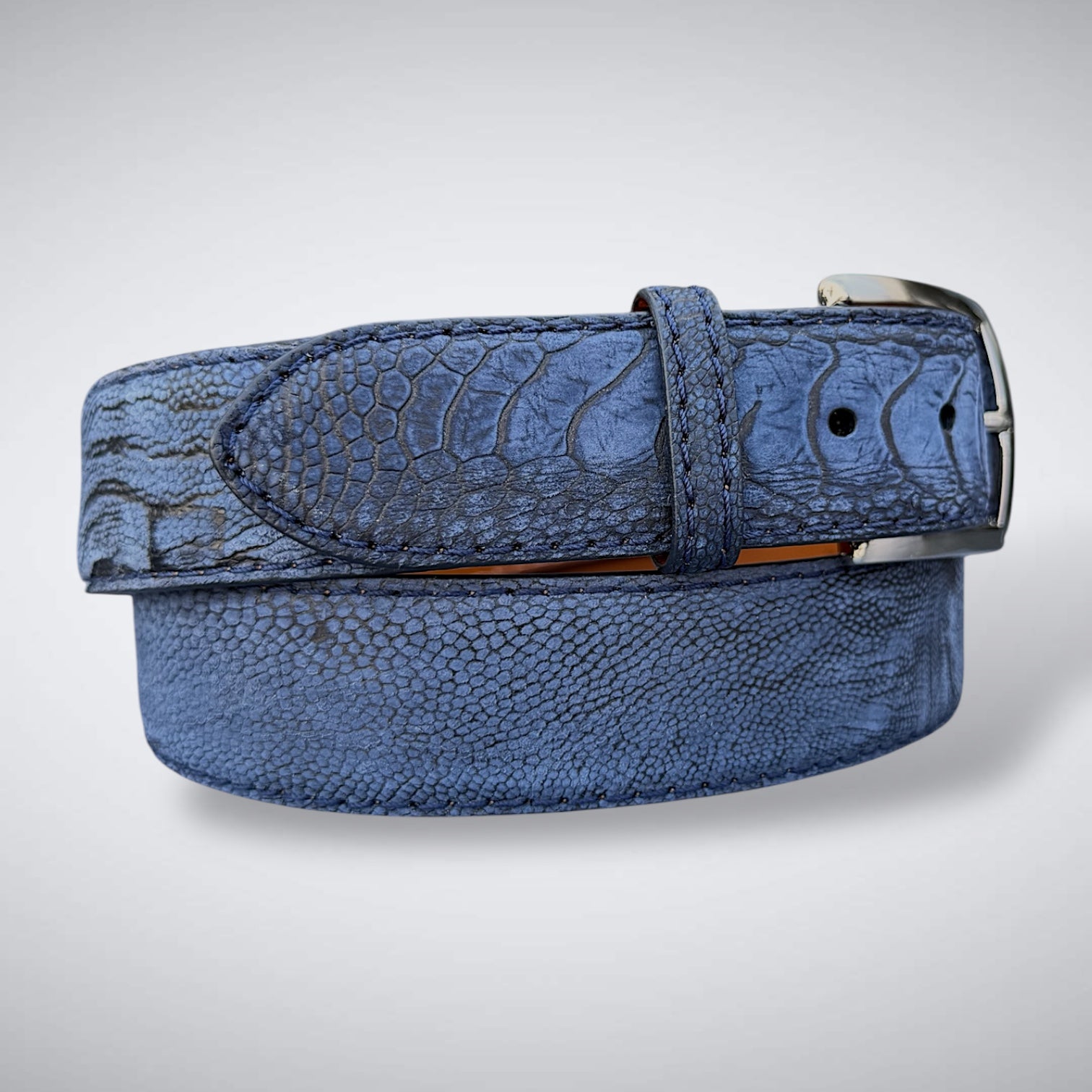 Blue Suede Shoes Ostrich Shin Belt (Navy Suede, Tonal Stitch)