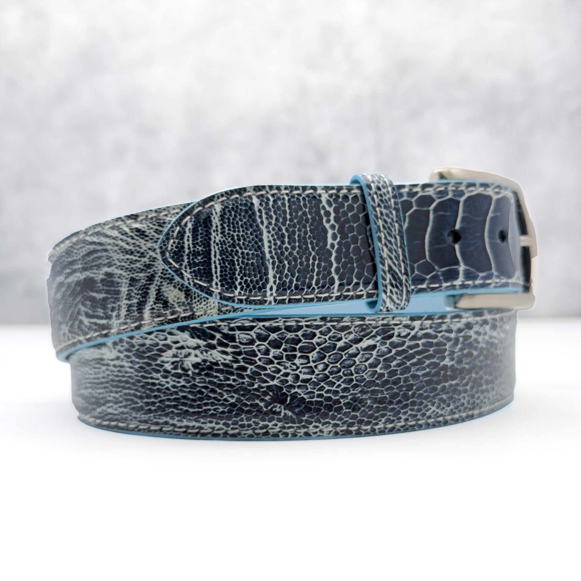 Ostrich Shin Belt: Blue White Two Tone