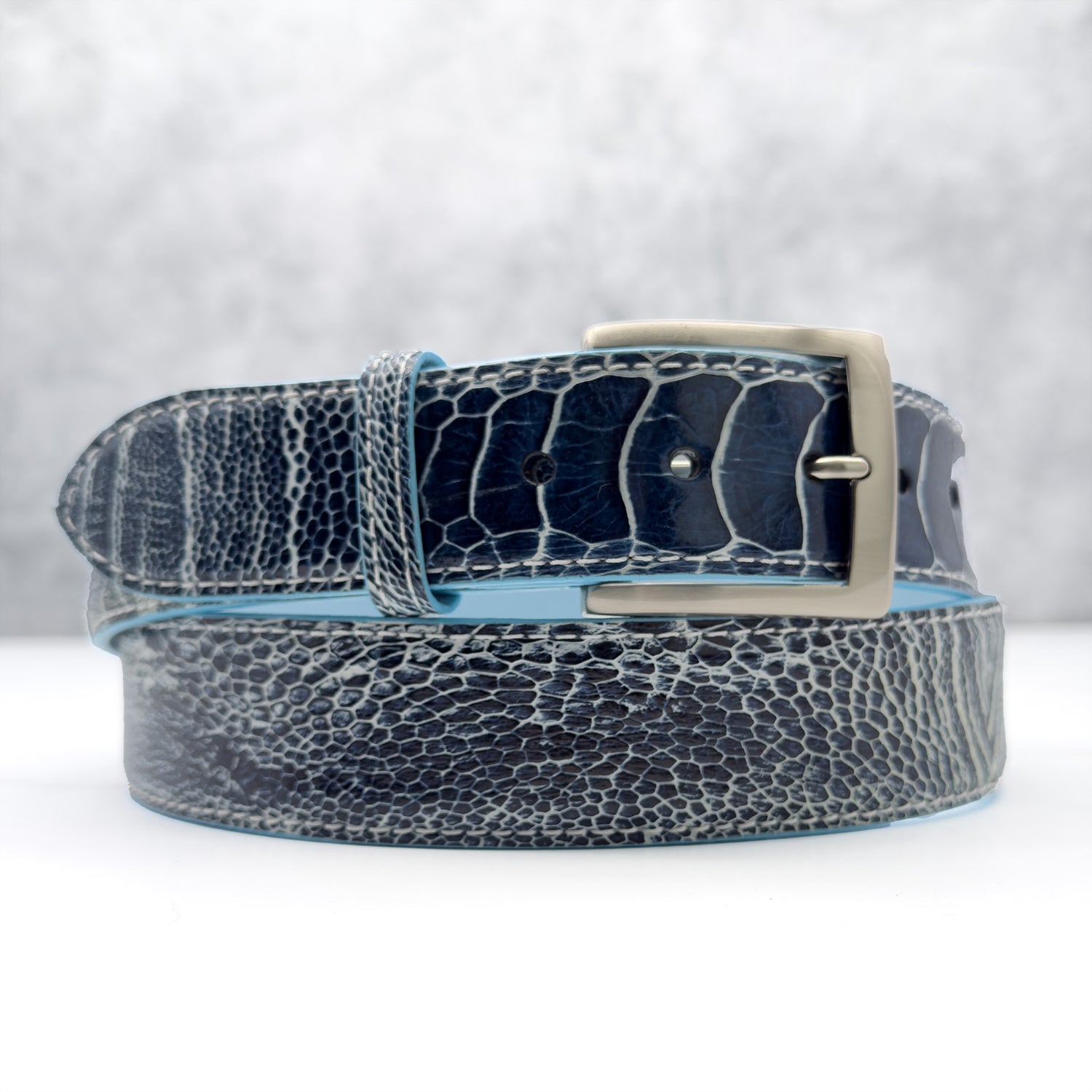 Ostrich Shin Belt: Blue White Two Tone