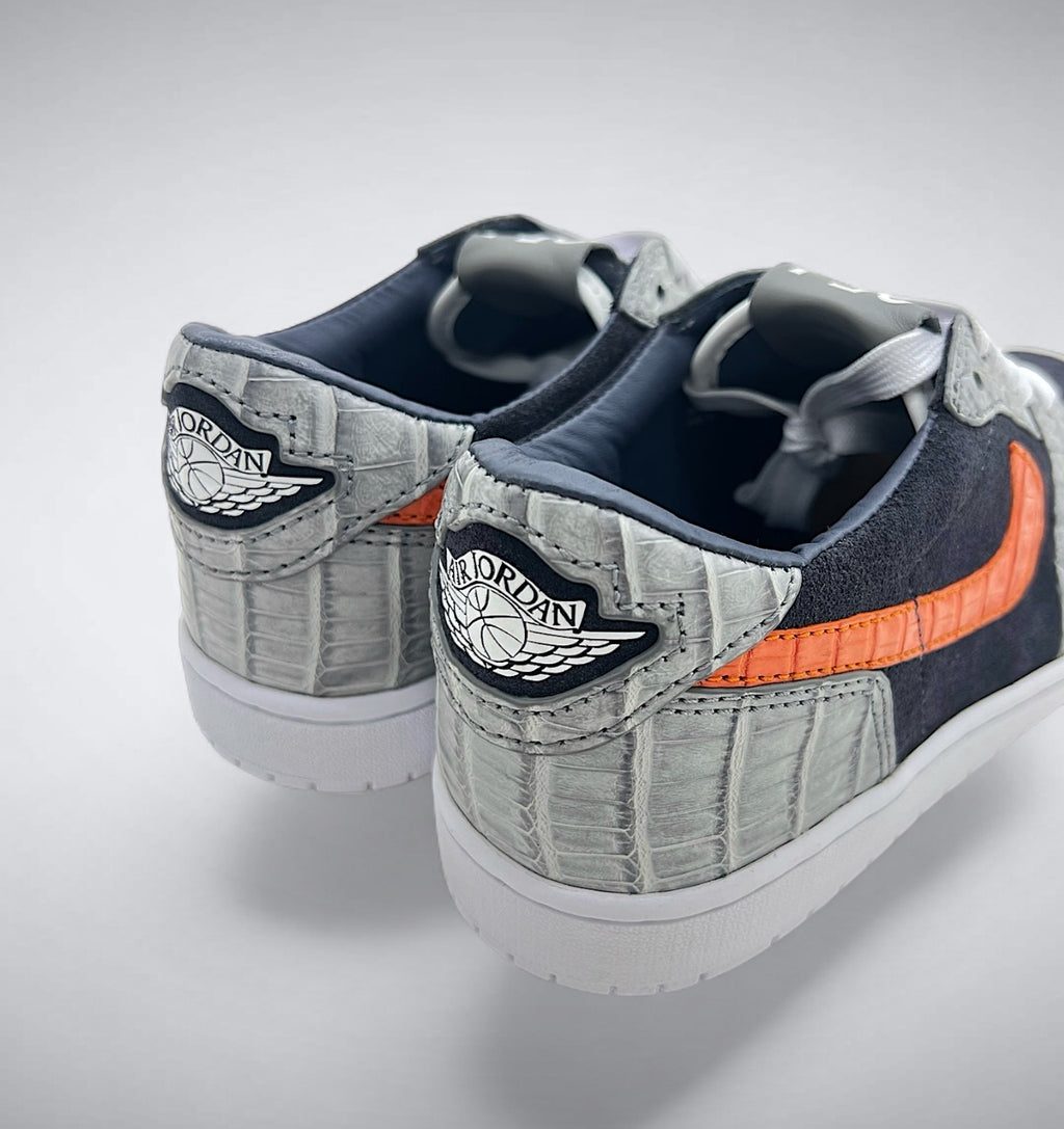 Heel Shot Navy suede and grey alligator custom AJ1 Low with orange alligator accents