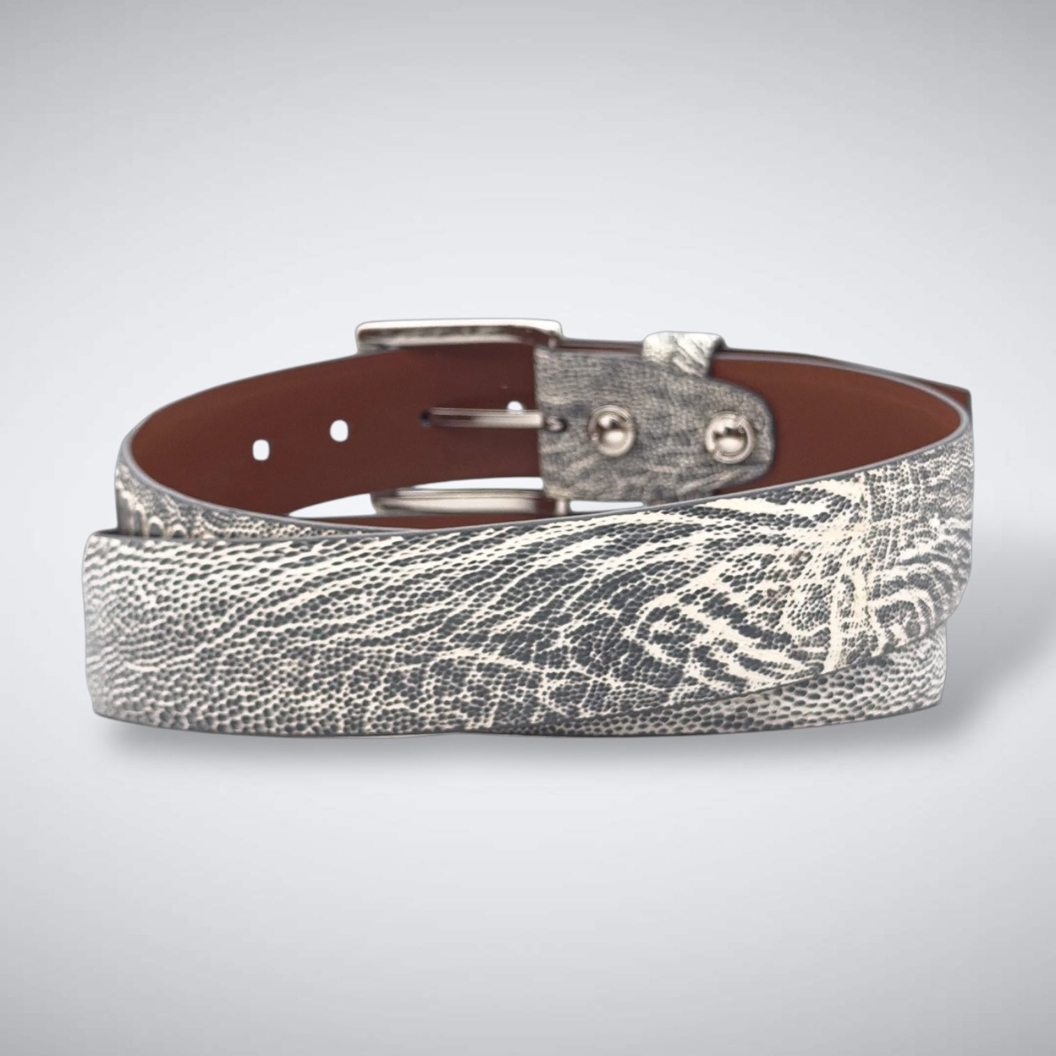 Ostrich Shin Belt: Grey White Two Tone