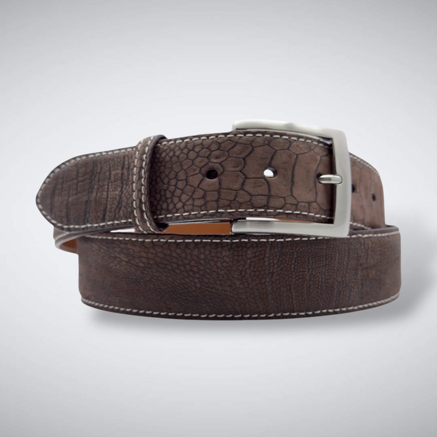 Ostrich Shin Suede Belt: Brown