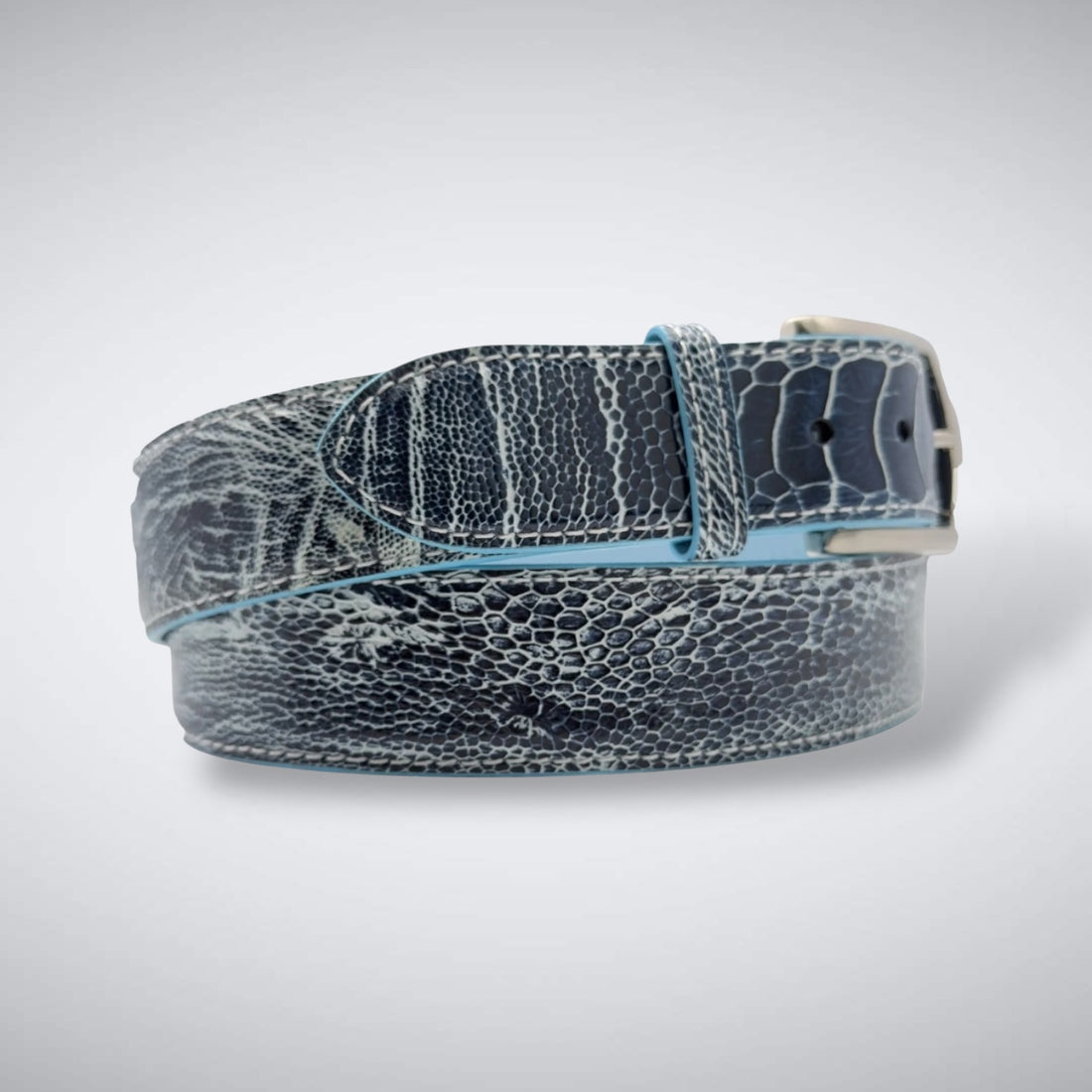 Beyond the Sea Ostrich Shin Belt (Navy &amp; White Two Tone, White Stitch, Sky Blue Edge)