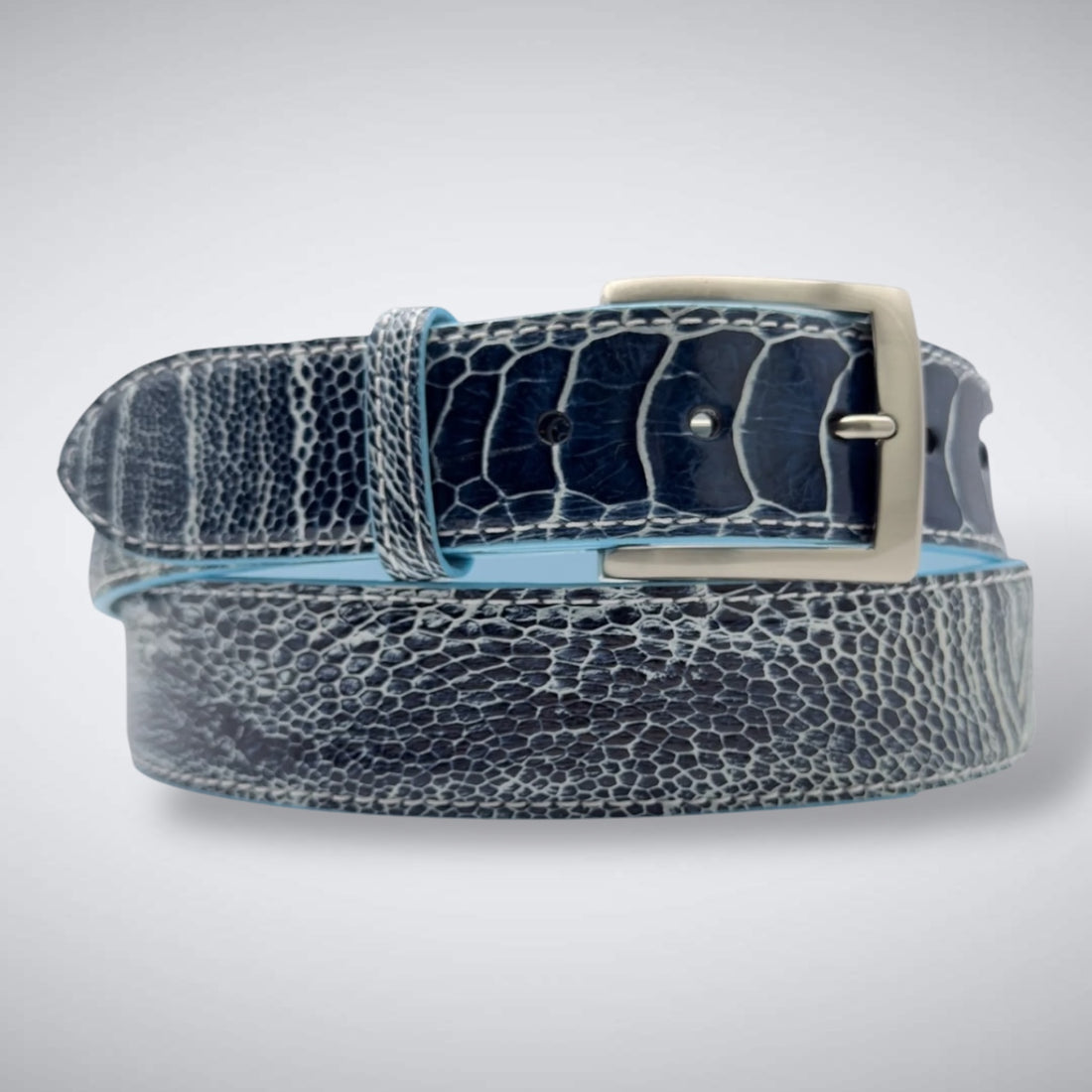 Ostrich Shin Belt: Blue White Two Tone