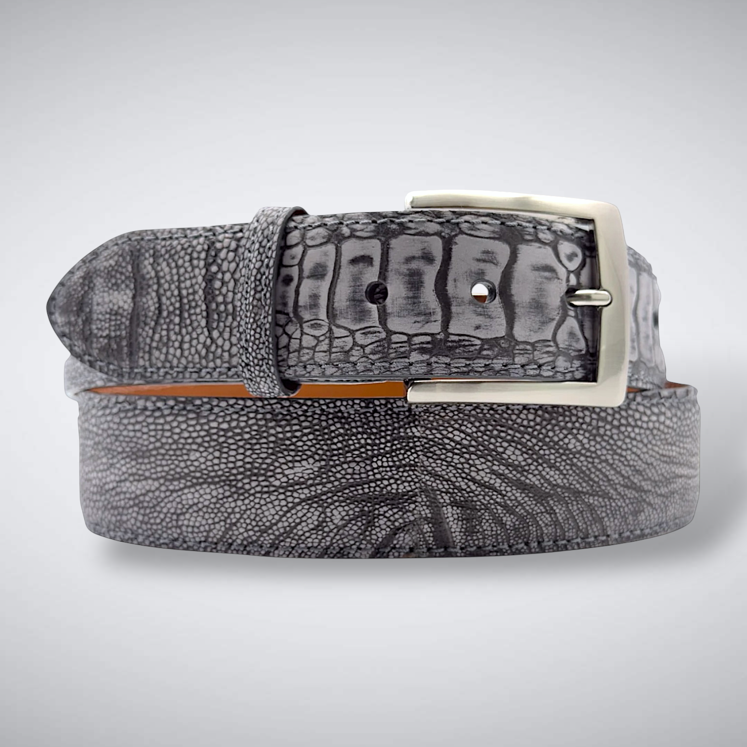 Smoke on the Water Ostrich Shin Belt (Grey Suede, Tonal Stitch)
