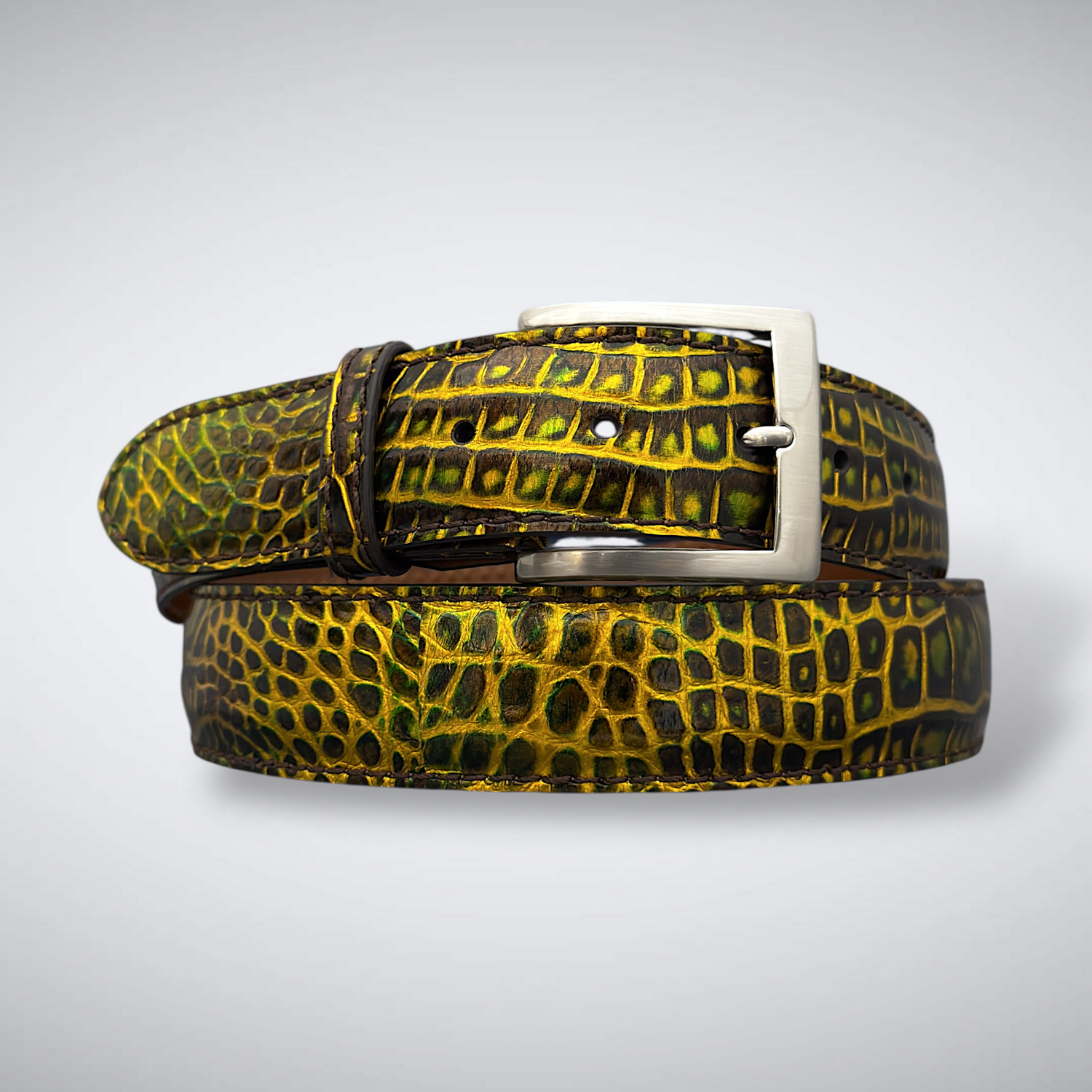 Amen Verde – Matte Alligator Belt (Green/Gold Metallic)