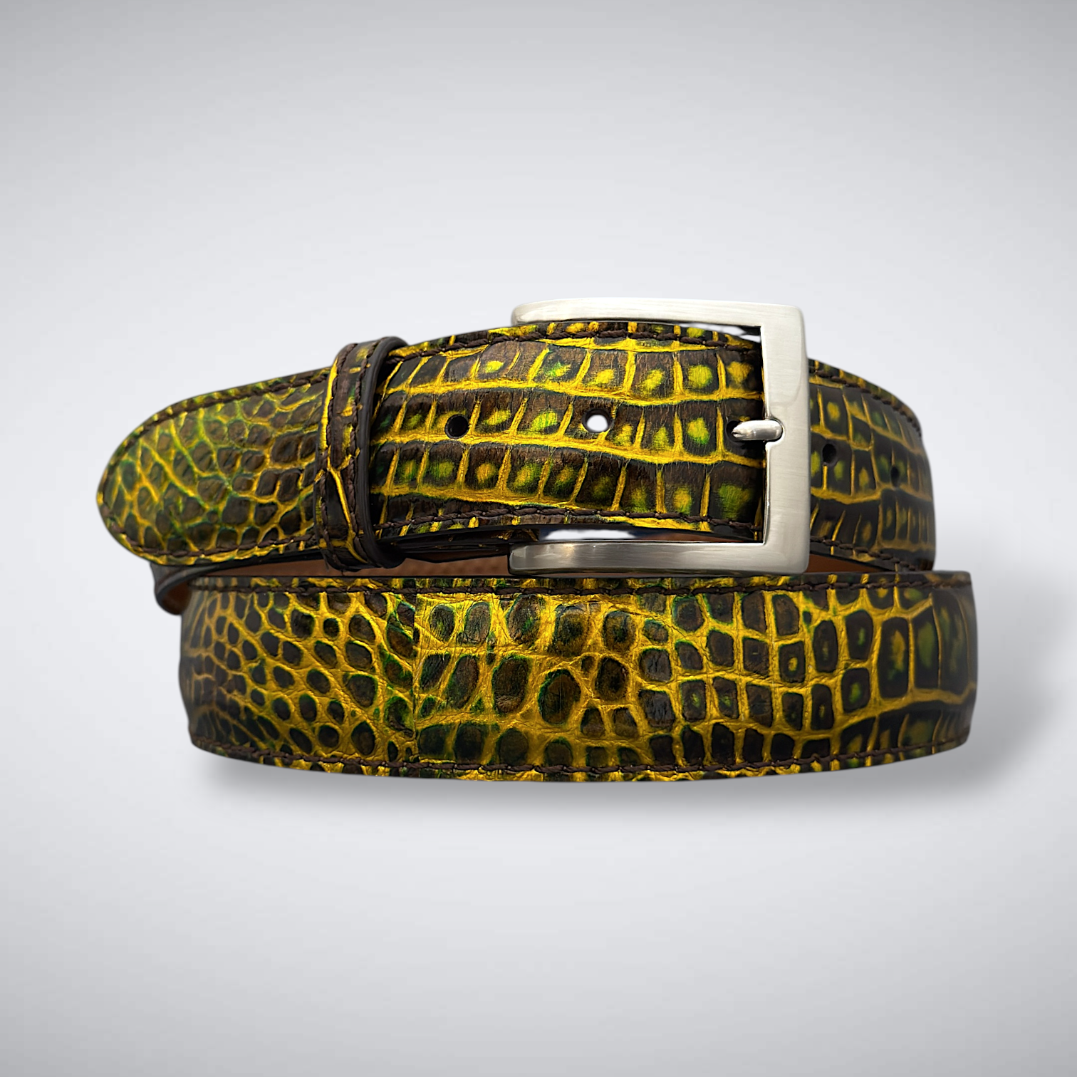 Amen Verde – Matte Alligator Belt (Green/Gold Metallic)