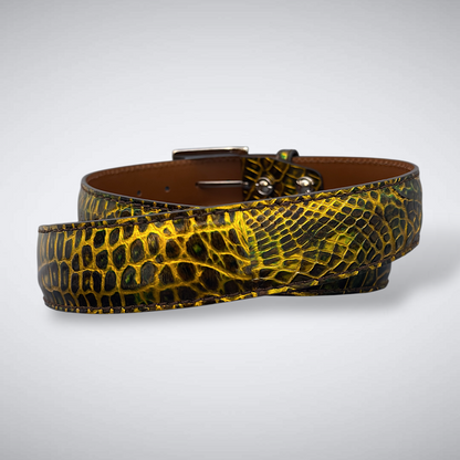 Amen Verde – Matte Alligator Belt (Green/Gold Metallic)