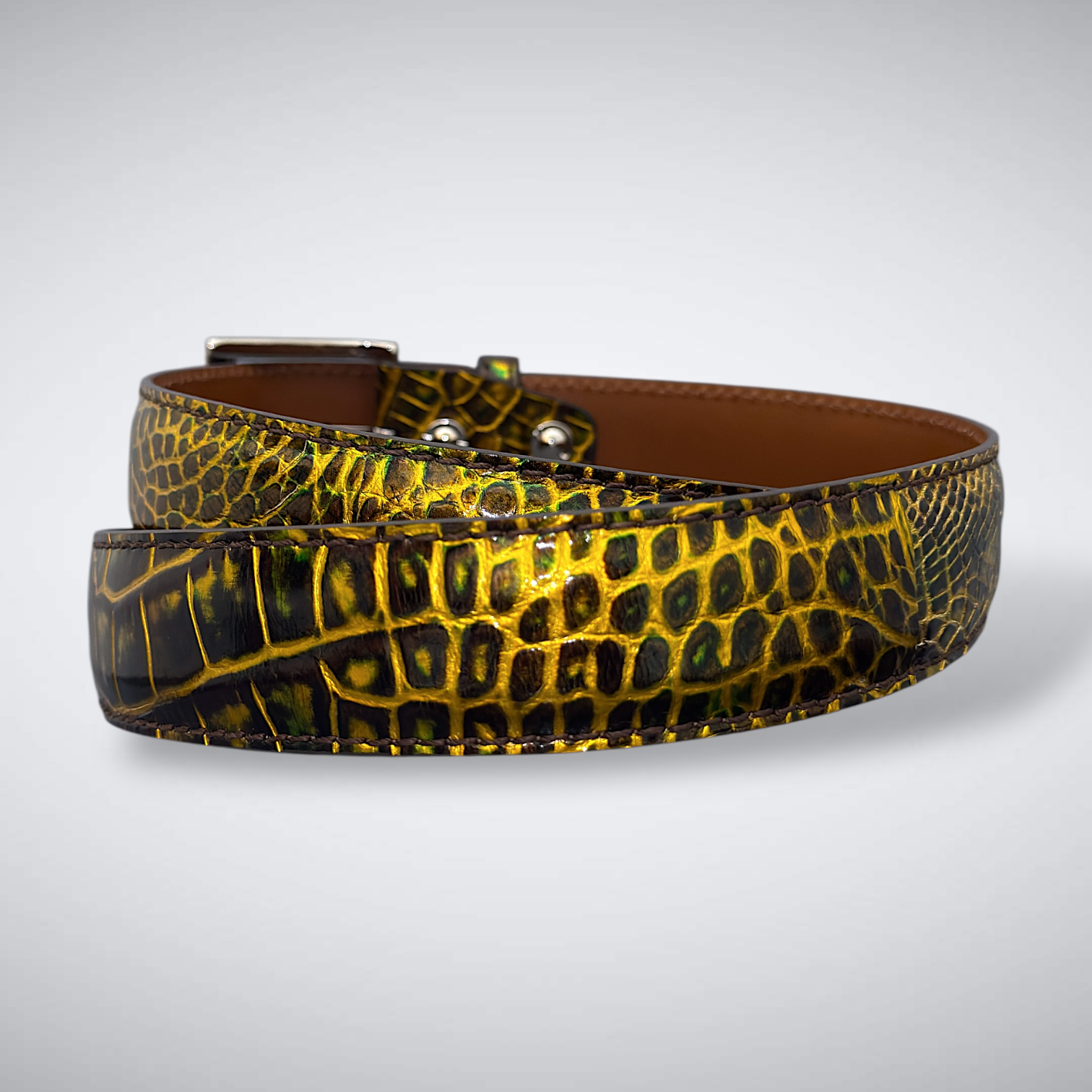 Amen Verde – Matte Alligator Belt (Green/Gold Metallic)