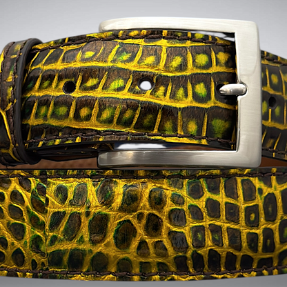 Amen Verde – Matte Alligator Belt (Green/Gold Metallic)