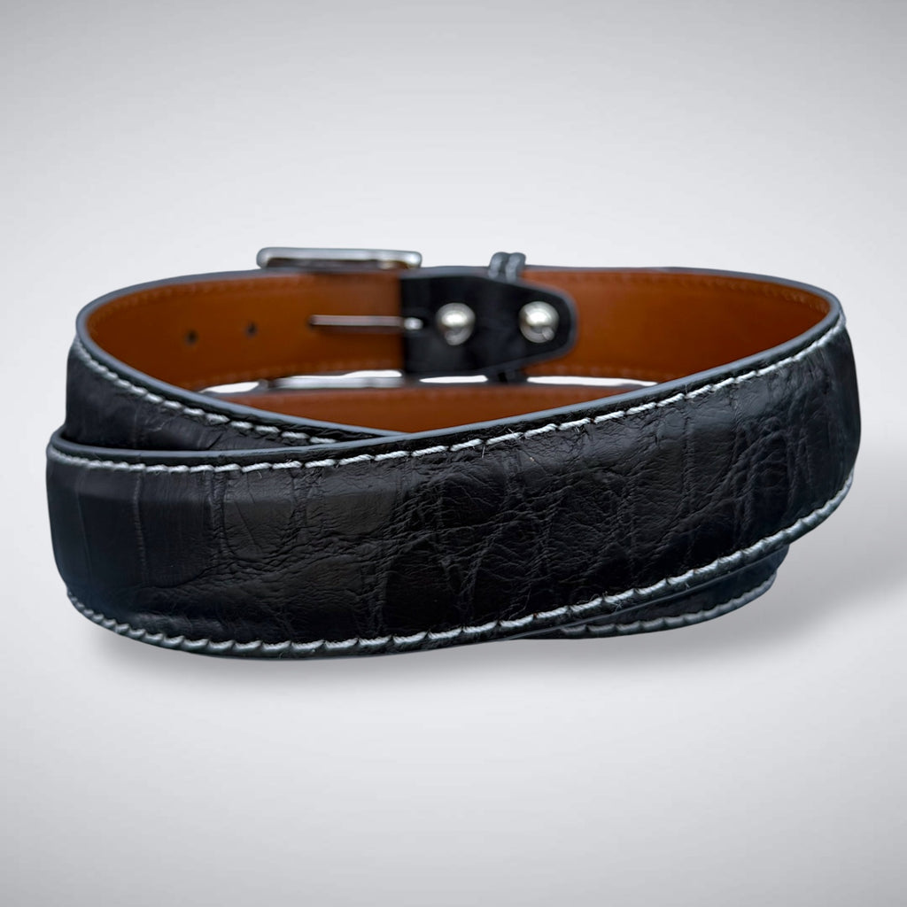 Ready To Ship Alligator Belt: Ravencrest Ghost (Black With White Stitch 1.5 Width)