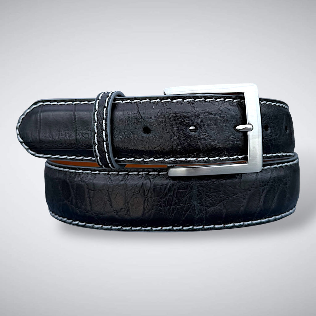 Ready To Ship Alligator Belt: Ravencrest Ghost (Black With White Stitch 1.5 Width)