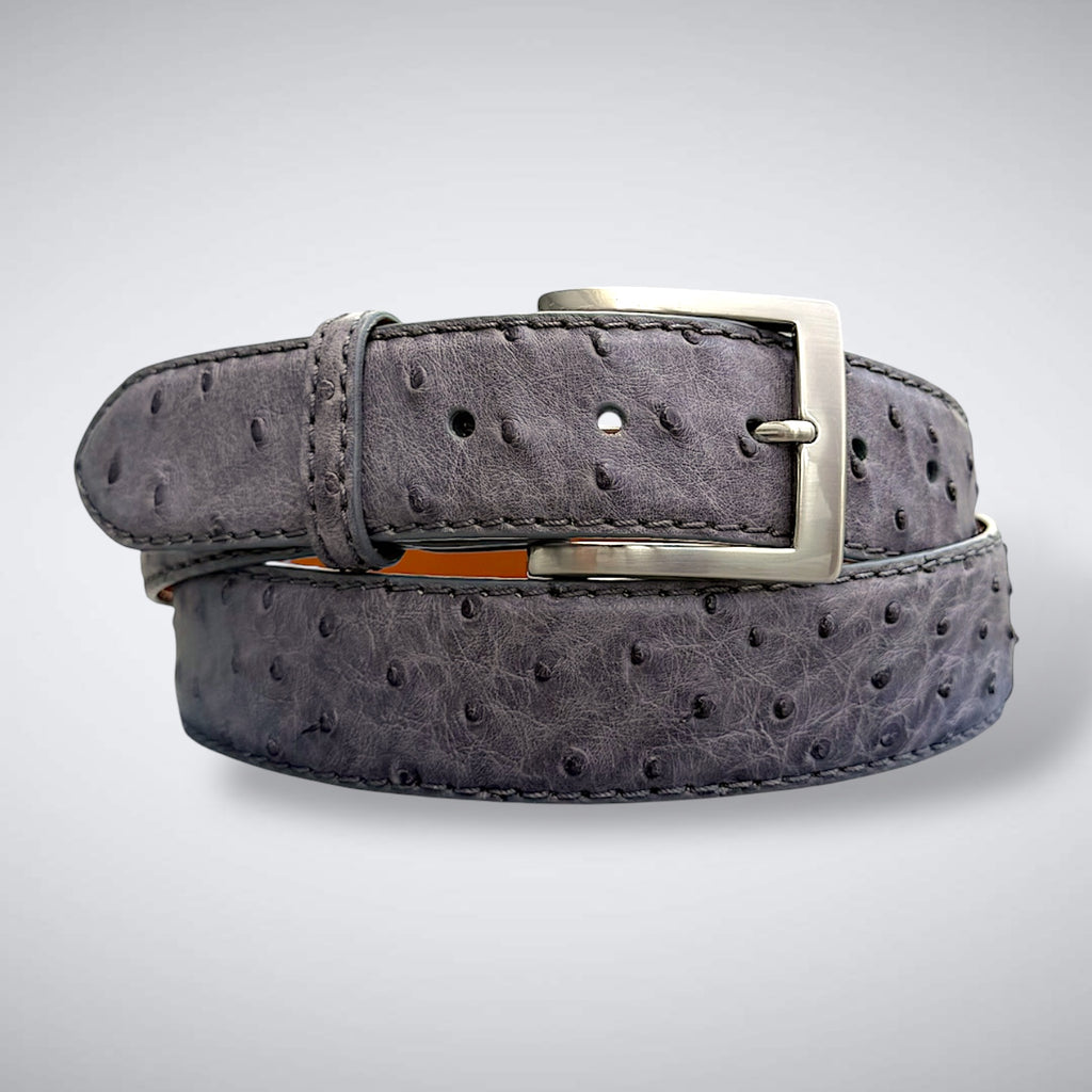 Gray full quill ostrich belt with a silver buckle on a light gray background