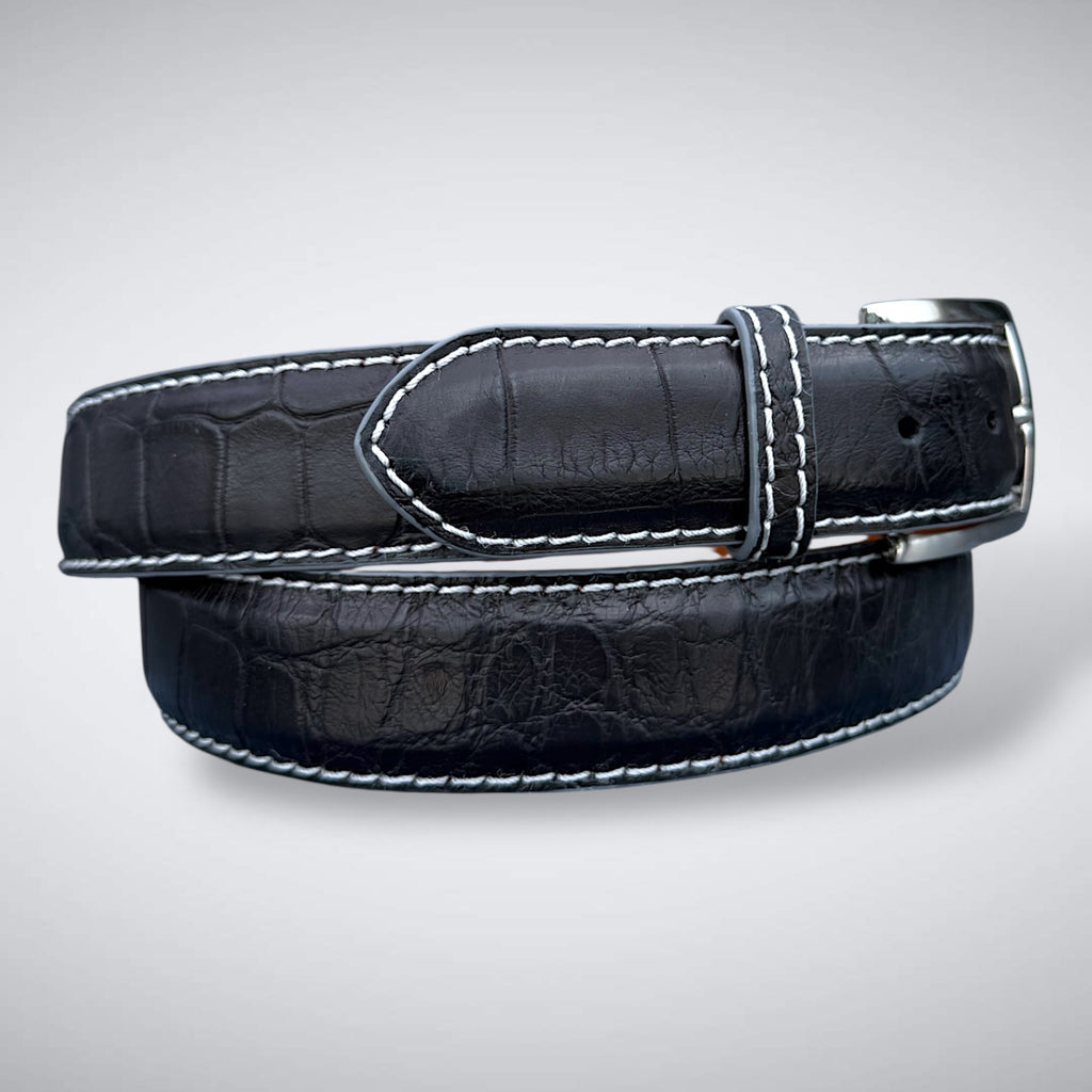 Ready To Ship Alligator Belt: Ravencrest Ghost (Black With White Stitch 1.5 Width)