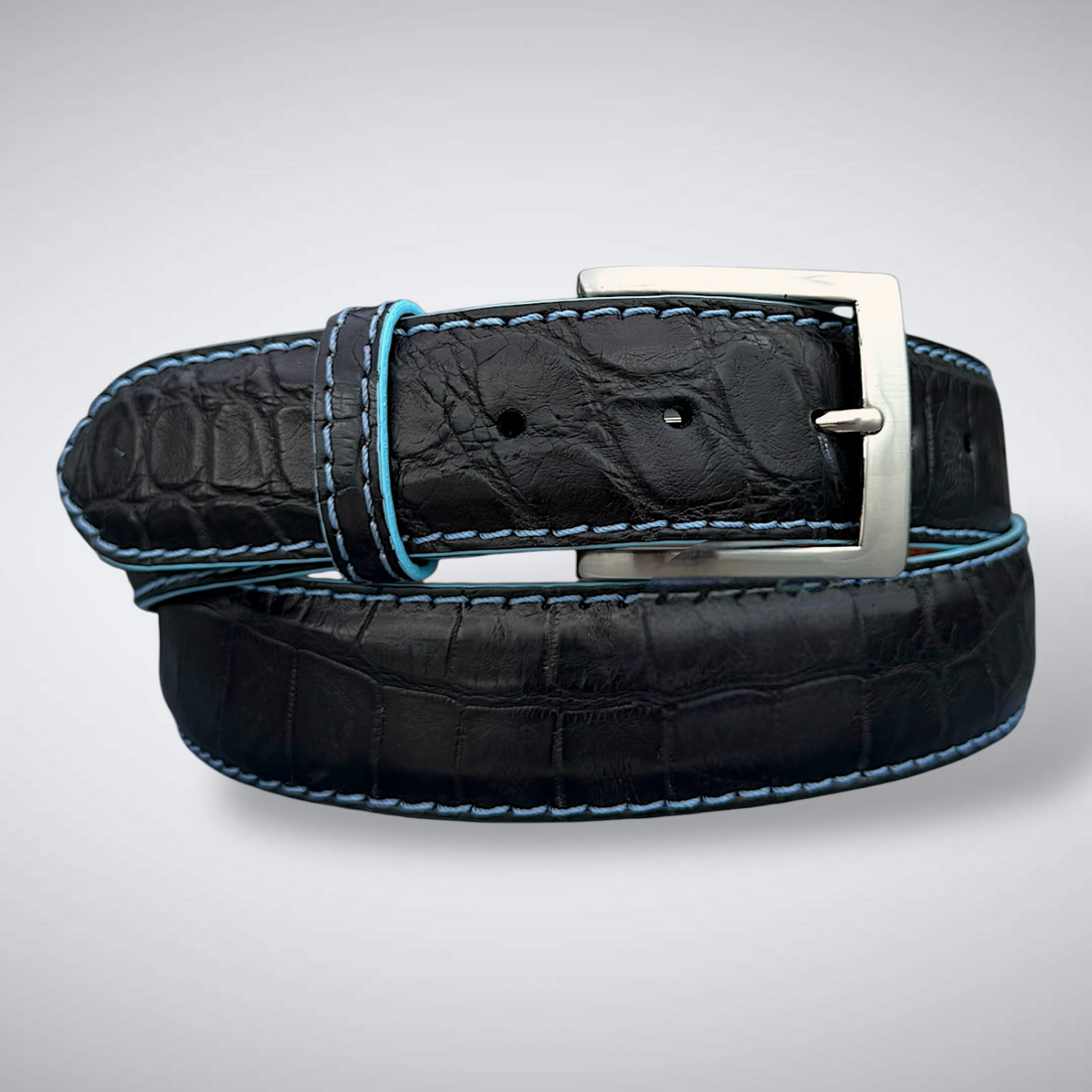 Ready To Ship Alligator Belt: Ravencrest Azure (Black With Sky Blue Stitch And Edge 1.5 Width)