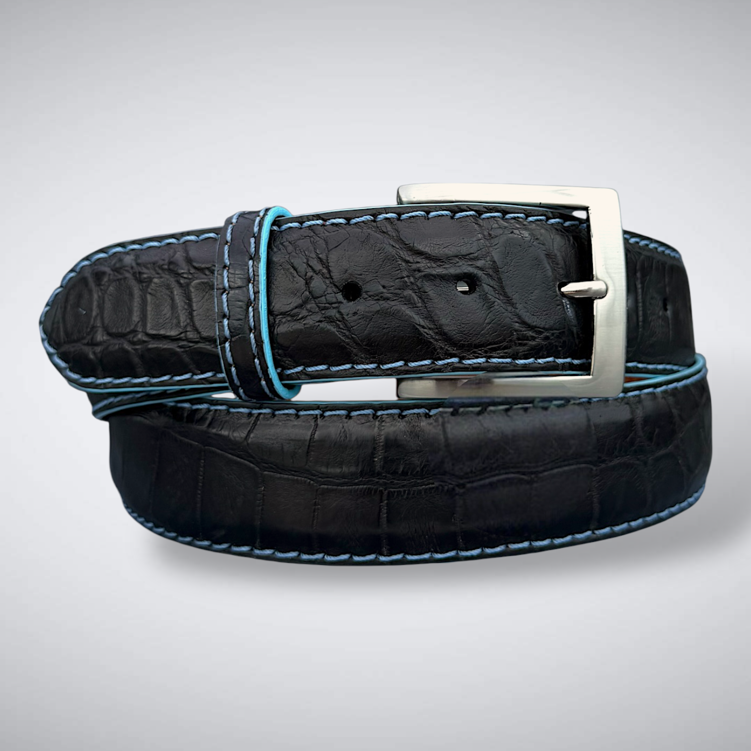 Ready To Ship Alligator Belt: Ravencrest Azure (Black With Sky Blue Stitch And Edge 1.5 Width)