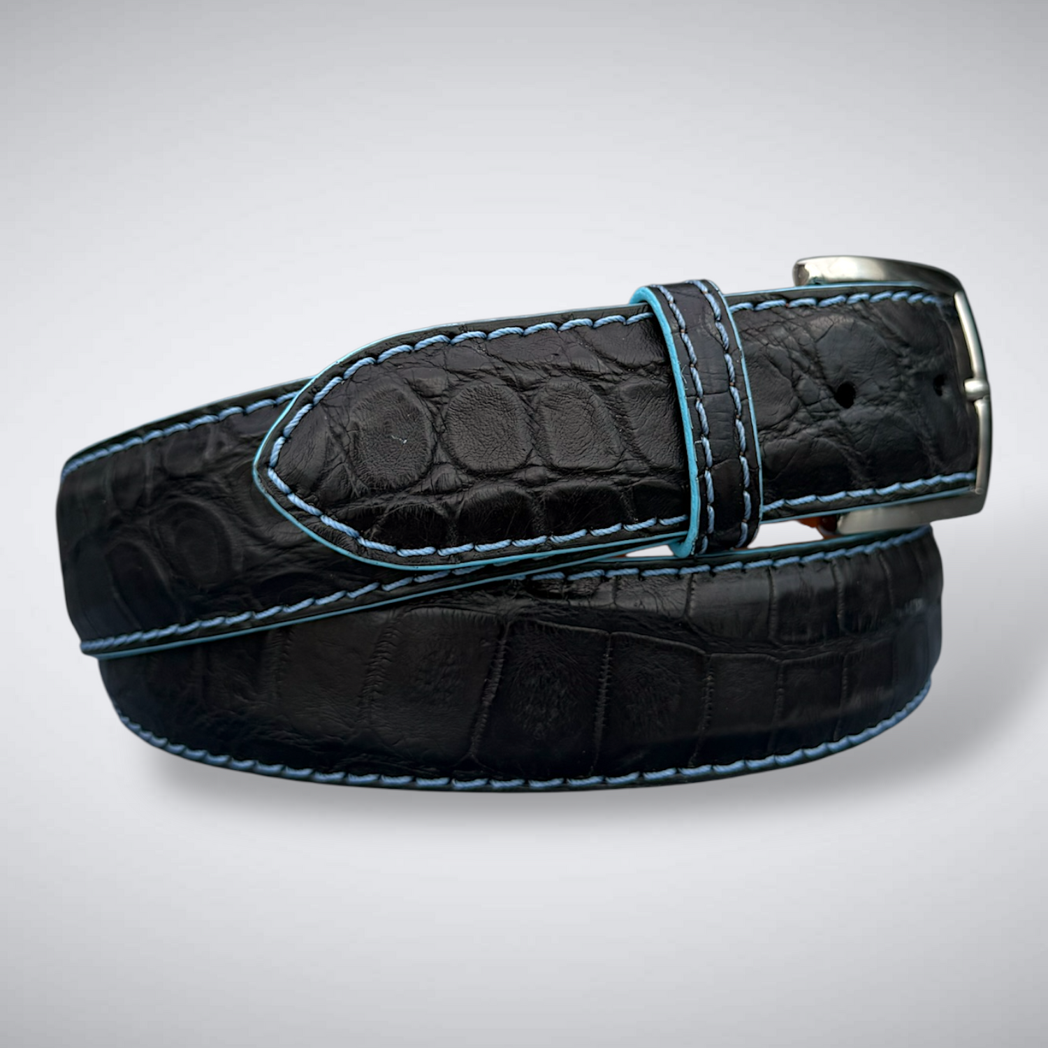Ready To Ship Alligator Belt: Ravencrest Azure (Black With Sky Blue Stitch And Edge 1.5 Width)