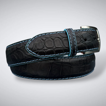 Ready To Ship Alligator Belt: Ravencrest Azure (Black With Sky Blue Stitch And Edge 1.5 Width)