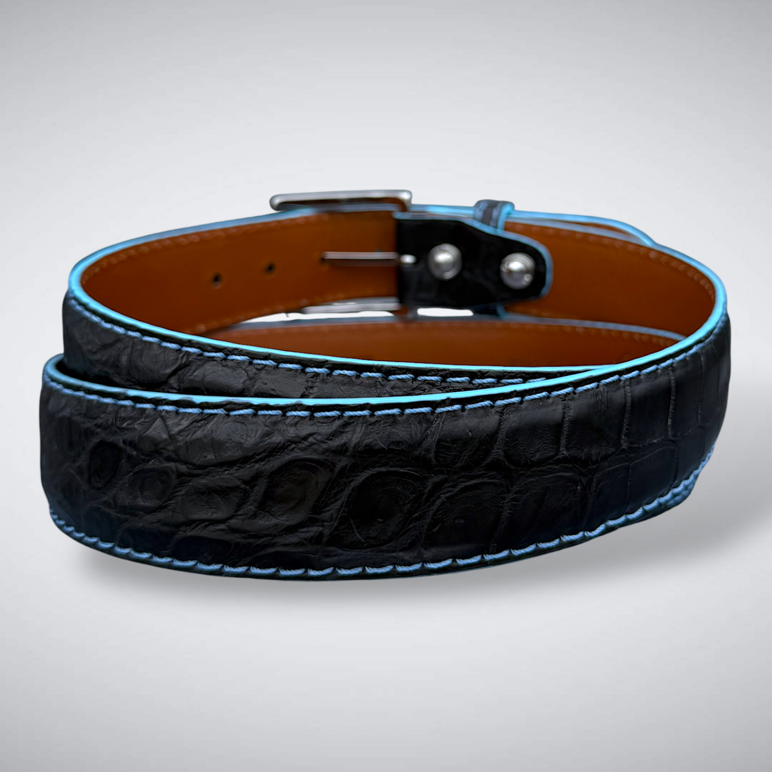 Ready To Ship Alligator Belt: Ravencrest Azure (Black With Sky Blue Stitch And Edge 1.5 Width)