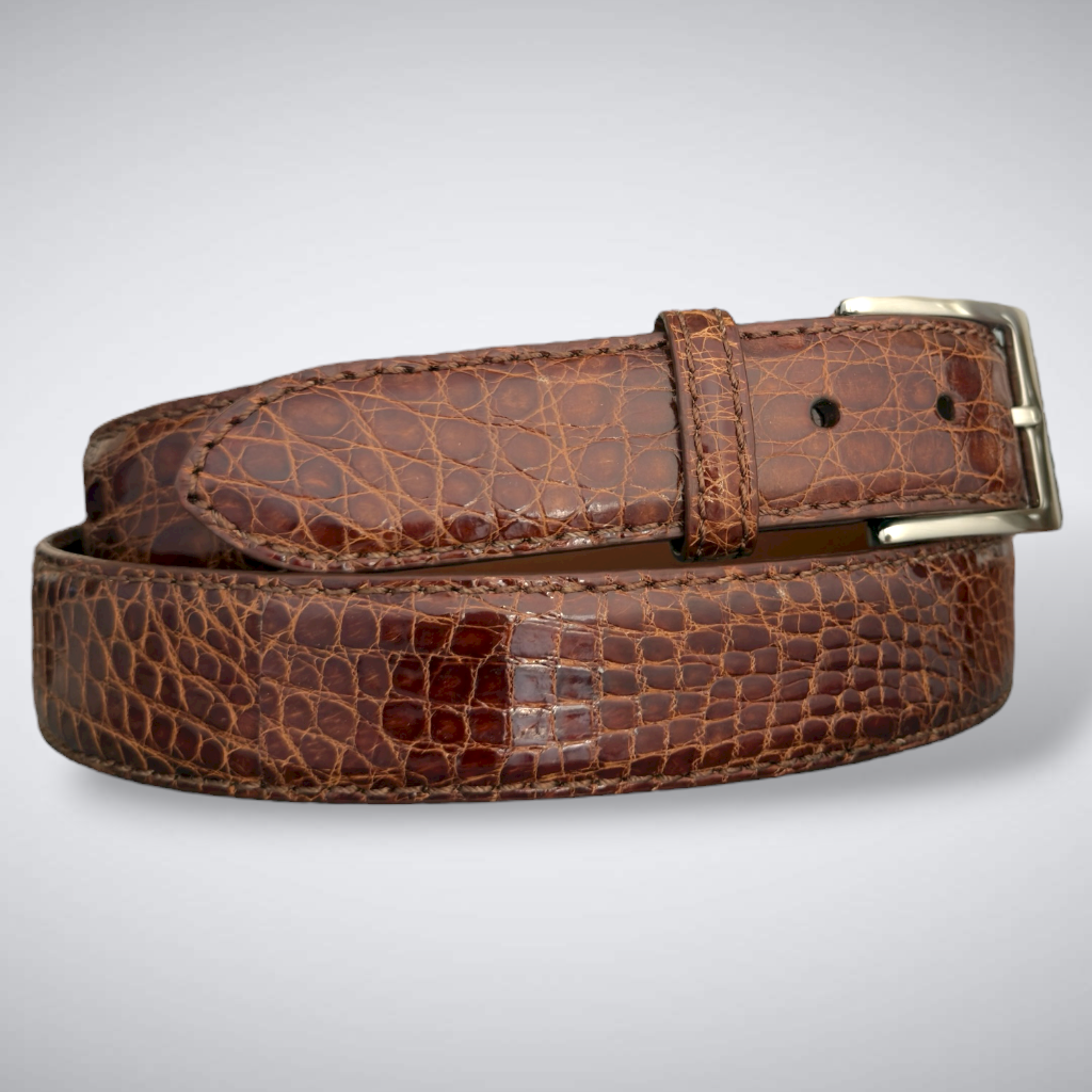Glazed Argentine Caiman Flank Belt Dark Cognac